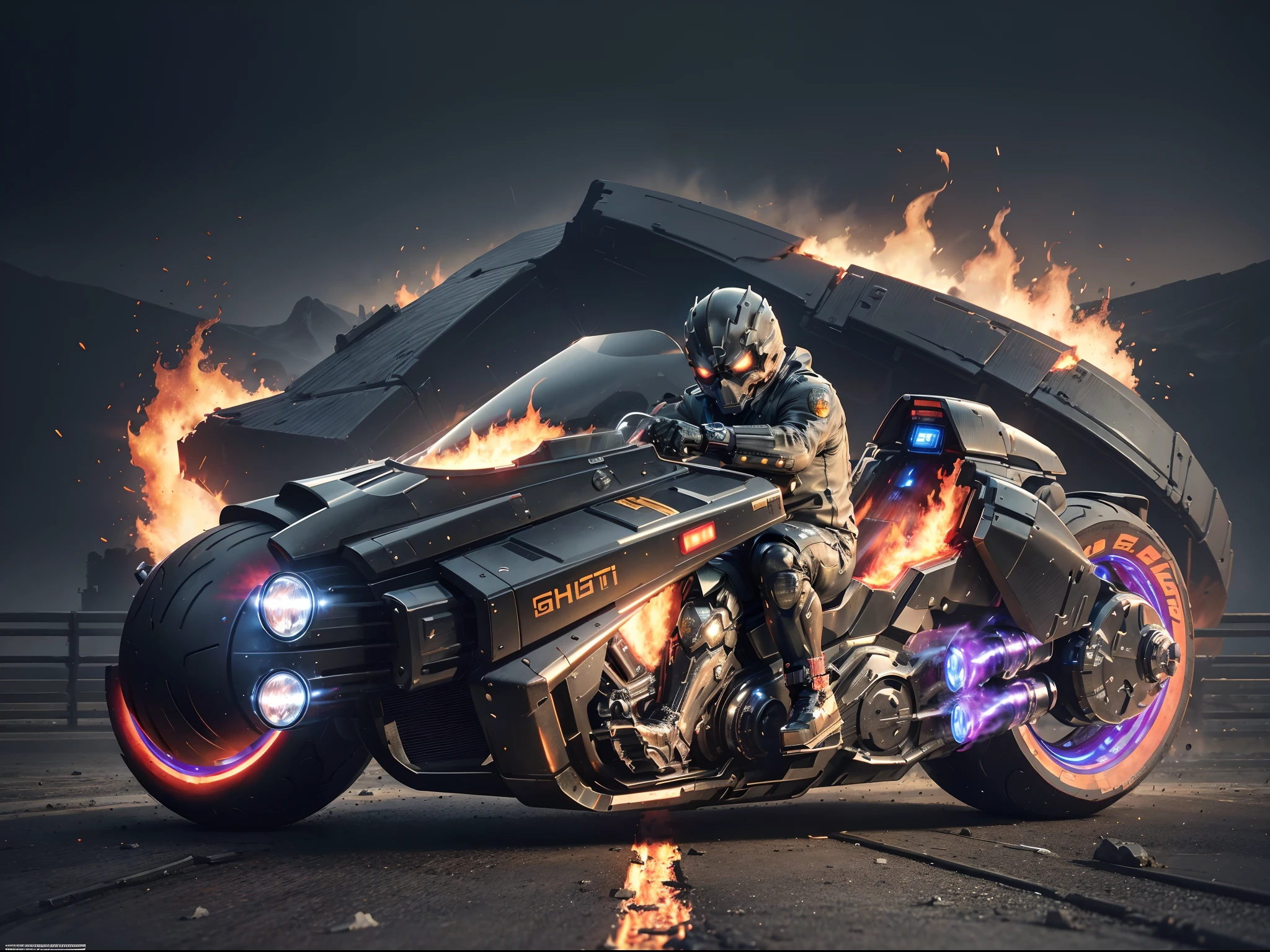 (offcial art, Unity 8k wallpaper, Ultra-detailed, Beautiful, Masterpiece, Best quality, 1.4x more realistic), (Superhero Ghost Rider, skull: 1.5), There was a fire in his eyes, The body is wrapped in burning chains, Chains made of titanium alloys and futuristic technology for motorcycles, Icy bodywork, Ghost Rider rides a futuristic black motorcycle, Gallop on the burning fire, The entire motorcycle caught fire and burned, theelementoffire, Composed of fire elements, volcanoes, Burning cyberpunk cityscape, Armageddon, Epic screen, Anatomically correct, Textured skin.