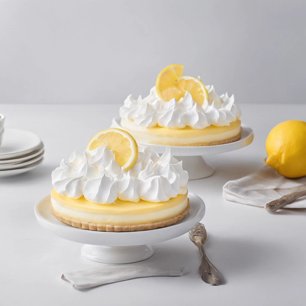 Close-up of the kitchen counter，Lemon meringue pie on the countertop，Blander，Egg shells，Glass bowl with egg whites，whipped cream，lemons，Official product photo, smooth clean surfaces, an award winning masterpiece, professional food photography, highly detailed composition, food photography，Ultra photo realsisim，