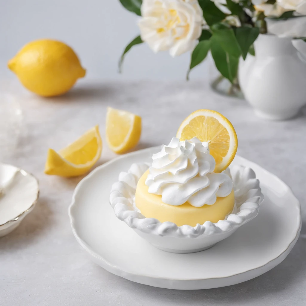 Close-up of the kitchen counter，Lemon meringue pie on the countertop，Blander，Egg shells，Glass bowl with egg whites，whipped cream，lemons，Official product photo, smooth clean surfaces, an award winning masterpiece, professional food photography, highly detailed composition, food photography，Ultra photo realsisim，