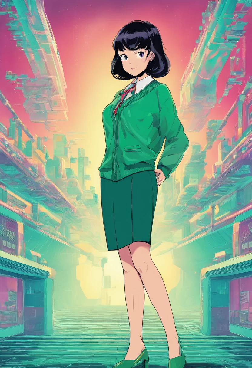 (masterpiece, best quality, highres), arima kana (oshi no ko), cyan cardigan, sweater, dark_green_shirt,miniskirt, standing, open open clothes, solo,