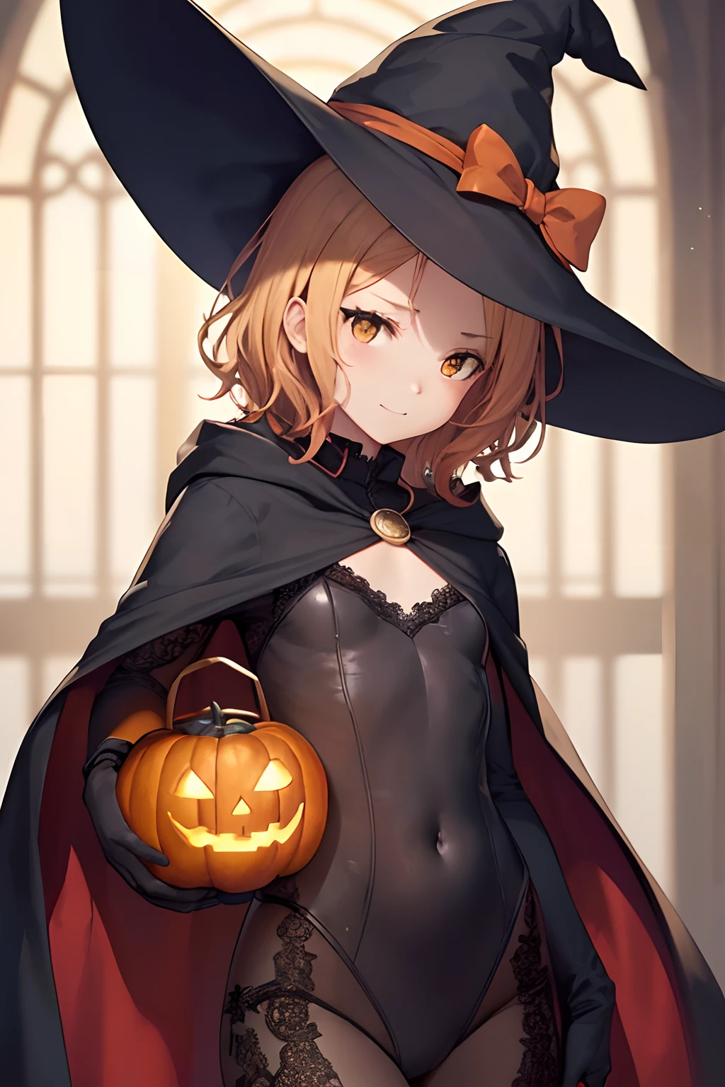//quality, masutepiece, Best Quality, High resolution, Super Detail, 32K, //Base, Makima, Cute, Witch, Solo, short height, Medium chest, (: 1.2), (Halloween Party: 1.5), //hair, ((witch's hat: 1.5)), ((Puts out forehead: 1.3)), ((Blonde hair: 1.5)), (Details, two color hair: 1.5), (Hair with red mesh: 2.2), Red mesh, ((short wavy hair: 1.8)), //Face, (Yellow eyes: 1.3), symmetric clear eyes, Shining eyes, (blush: 1.5), (Open mouth: 2.0), Happy, Smile as beautiful as a little devil, // Body, slender, ((Middle chest: 1.8)), (Chest exposure: 1.5), (Beautiful fingers: 1.5), Navel exposed, // Clothes, ((Witch's cloak: 1.8)), (( super detailed, Black lace bodysuit: 1.7)), ((intricate lace: 2.0)), //Scene, Halloween, ((super detailed, Pumpkin Lantern: 2.2)), (Holding a pumpkin lantern in your hands: 2.2), //Background, Halloween, (Night, Dark: 1.5), (castle: 1.7), Inside the castle, The dim