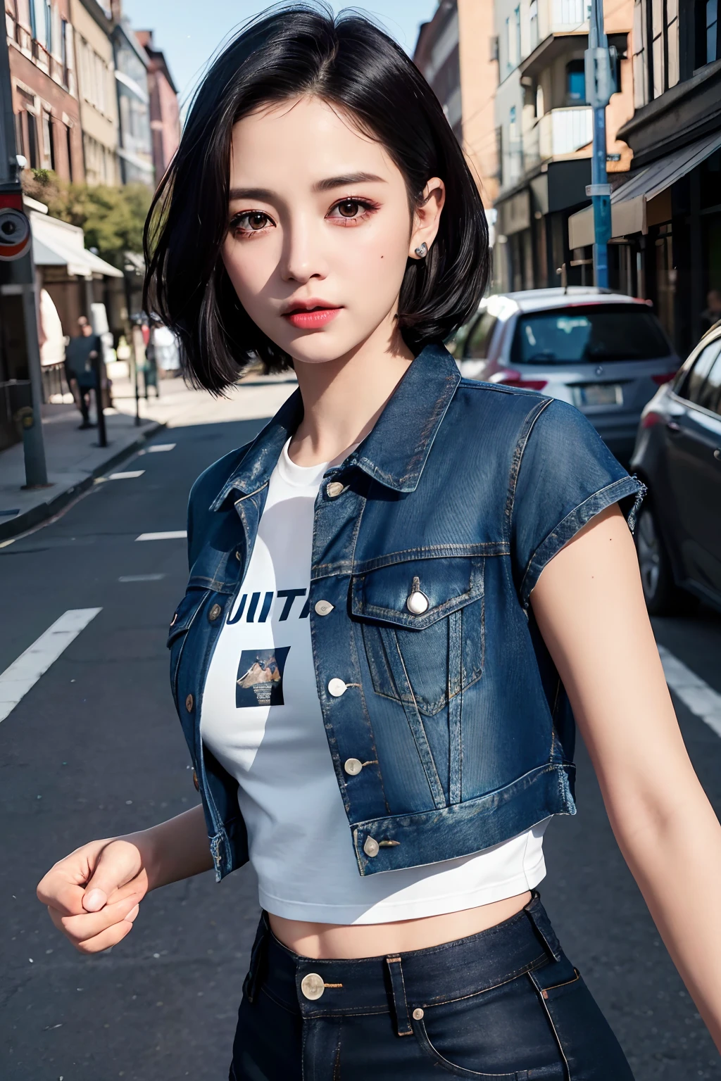 (Forehead, denim jacket, black t-shirt, denim short skirt, Short hair, Black hair, eyes liner:1.3), (Masterpiece, Best quality, Beautiful quality), (Photorealistic:1.4), (Detailed lighting, Extremely detailed skin, Extremely detailed hair, Shadows, 8K, Jihyo photo, 1girll:1.2), view the viewer, (high key lighting), Masterpiece, Top quality, Best quality, offcial art, Unity 8k wallpaper, A high resolution, Ultra-high RES, Ultra-detailed, Beautiful and aesthetic, upper body, perfect hands, perfect eyes, running, fighting, city background, holding a dagger