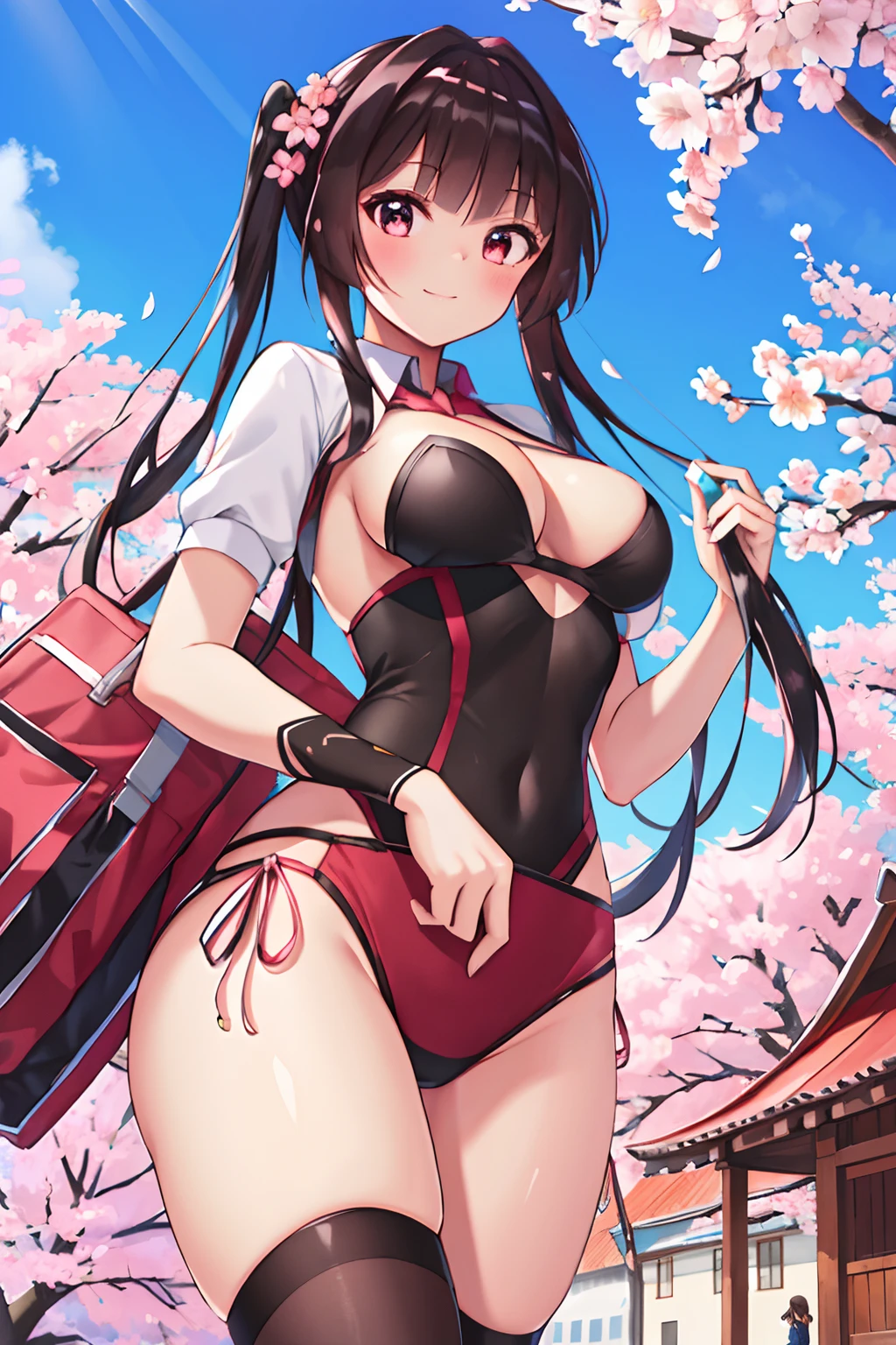 masterpiece, best quality, high resolution, extremely detailed, detailed background, cinematic lighting, 1girl, cute, medium breasts, public indecency, looking at viewer, buildings, outdoor, cherry blossoms, bokeh,