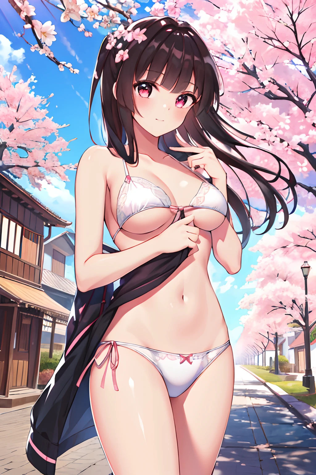 masterpiece, best quality, high resolution, extremely detailed, detailed background, cinematic lighting, 1girl, cute, medium breasts, public indecency, looking at viewer, buildings, outdoor, cherry blossoms, bokeh,