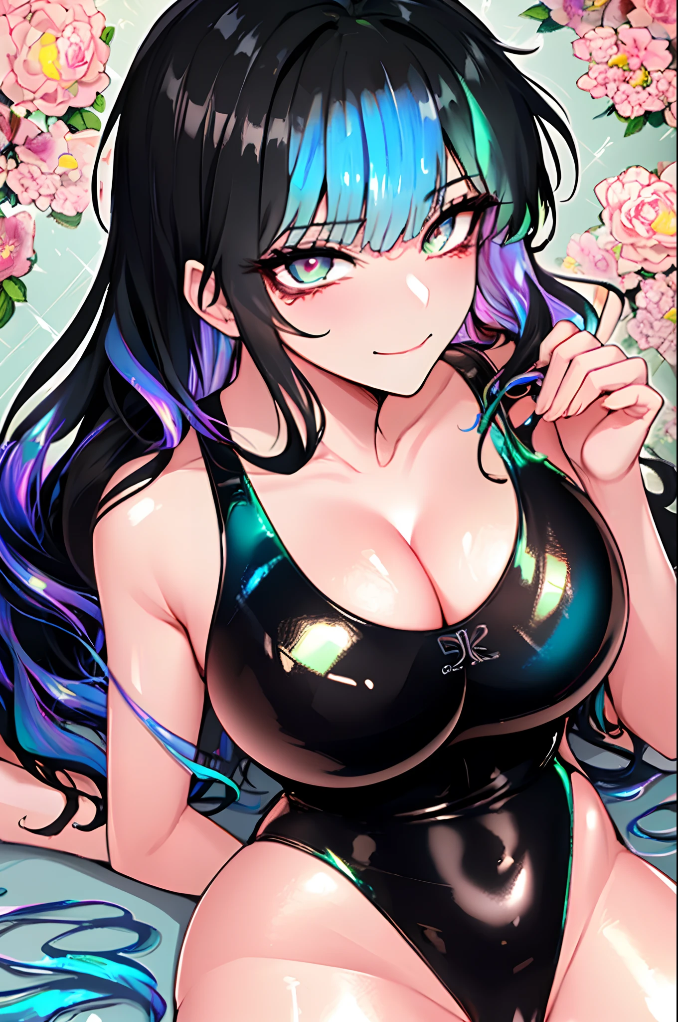 (shoujo-style), (romance manhwa), ((floral background)), kuroume_1024, 1girl, solo, masterpiece, best quality, detailed face, face focus, smile, closed mouth, long eyelashes, mascara, very long hair, black hair, drill hair, looking at viewer, (Wearing competitive swimsuit), (one-piece swimsuit),  (holographic iridescent metallic black latex swimsuit:1.4), sukumizu, (shiny glossy skin:1.2), pussy squirt, cameltoe, (flat drawing:-0.4), detailed eyes, pupil, huge breast, cleavage