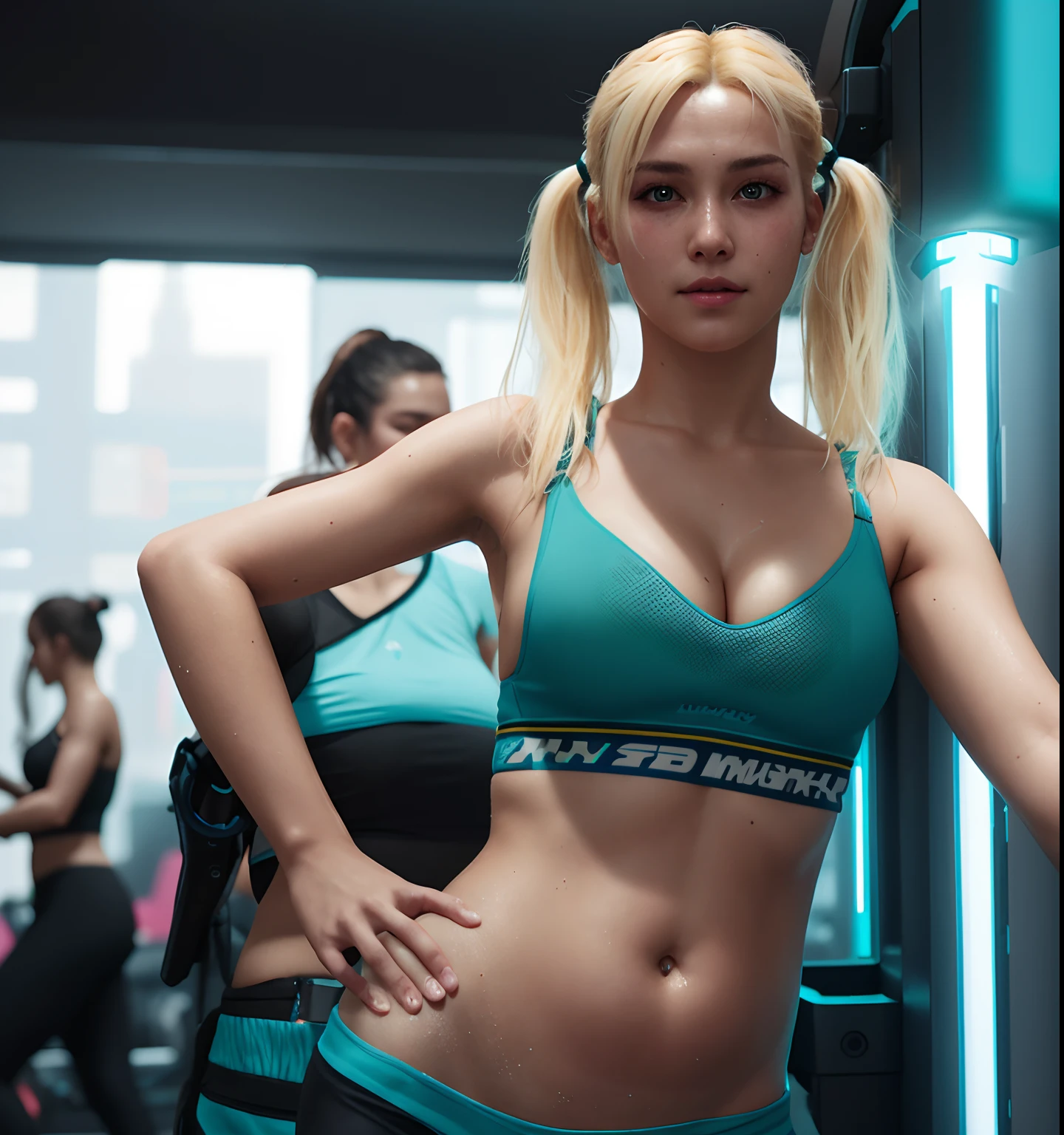 a young girl ,with a cute face,cyberpunk 2077 , Blonde both side ponytails, teal sports bra,navel,cleavage, Sweaty, sexy, gym background,holding belly