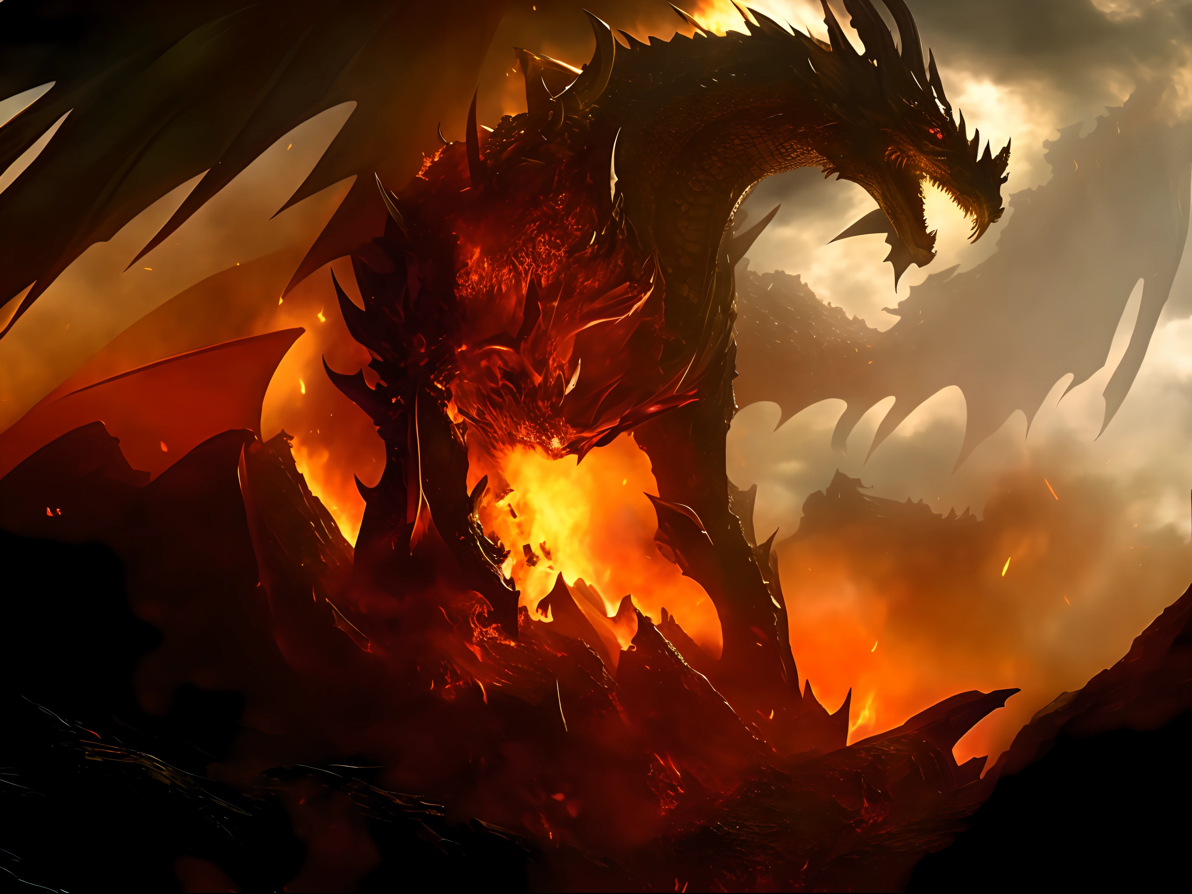 Produces a mesmerizing image,Depicting an epic battle between a giant red dragon and a brave army., Both sides demonstrated their strength and power in a visually impactful way.