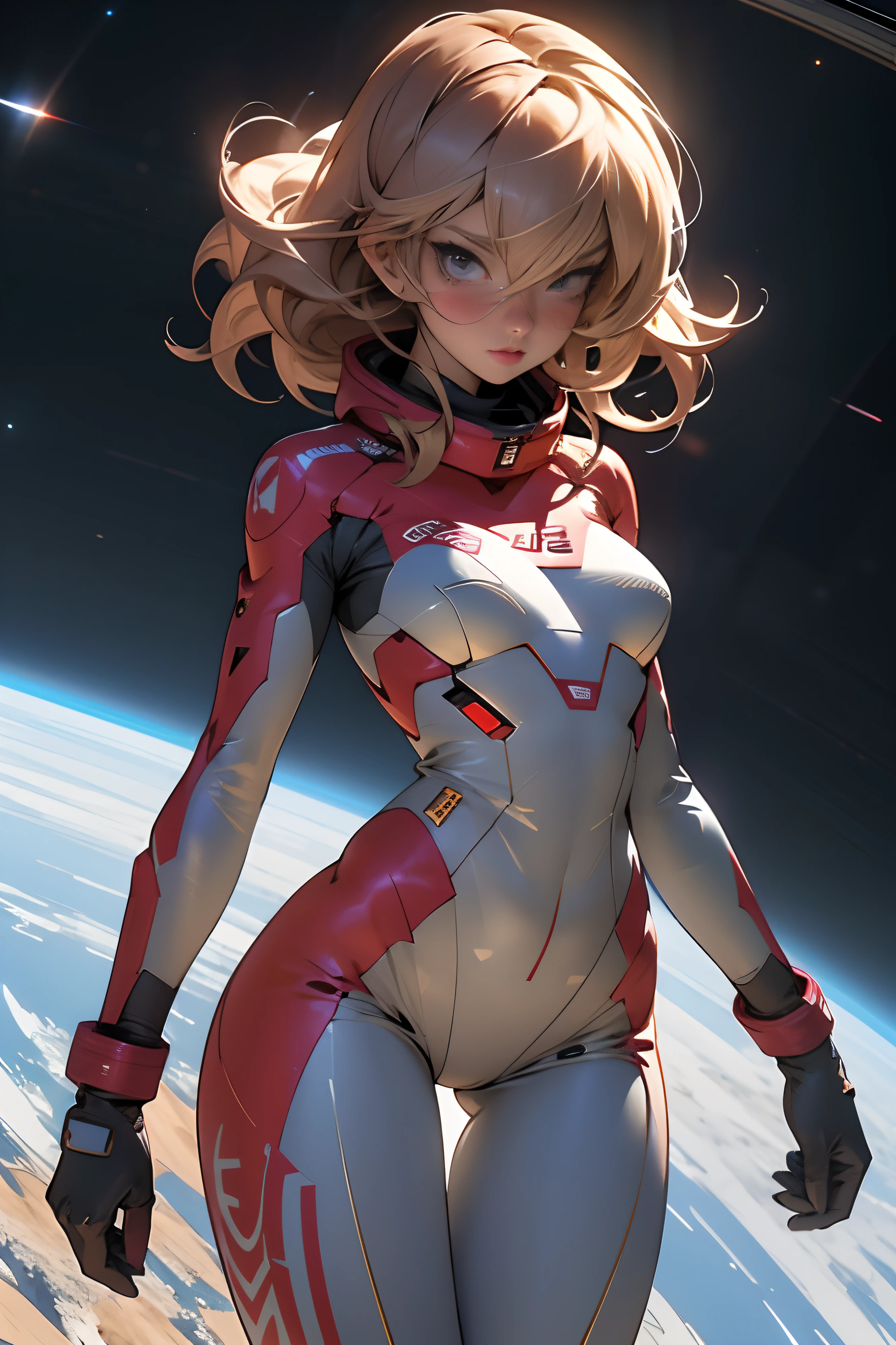 sandy hair fit body large breasts slender thighs slender waist pilot suit solo looking at viewer in space long hair blushing determination, 8k, extreme detail,