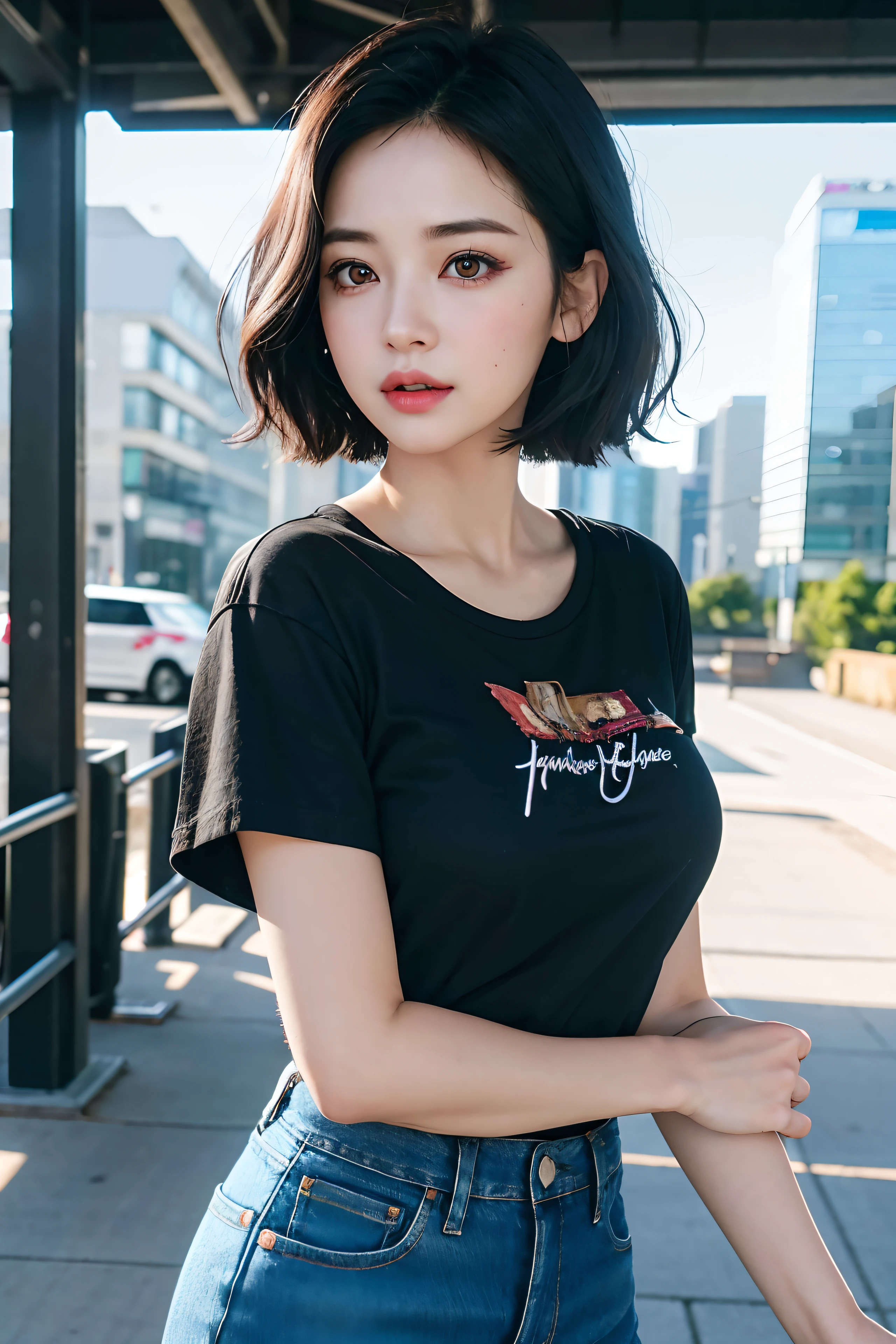 (Forehead, denim jacket, black t-shirt, denim short skirt, Short hair, Black hair, eyes liner:1.3), (Masterpiece, Best quality, Beautiful quality), (Photorealistic:1.4), (Detailed lighting, Extremely detailed skin, Extremely detailed hair, Shadows, 8K, Jihyo photo, 1girll:1.2), view the viewer, (high key lighting), Masterpiece, Top quality, Best quality, offcial art, Unity 8k wallpaper, A high resolution, Ultra-high RES, Ultra-detailed, Beautiful and aesthetic, upper body, perfect hands, perfect eyes, running, fighting, city background, holding a dagger