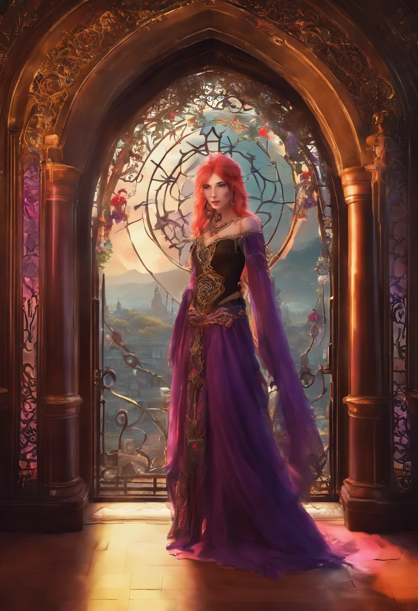 (An old Celtic girl stands in front of the arched gate of Bat Castle，Make Halloween close-ups), (Clear and perfect facial features,) Medieval European purple dress, Belted top, Cloak, mitts, Smooth or textured fabrics, Silk, Velvet or leather, Dark skin, Smoky makeup, Deep red or purple lips, Gothic or medieval style necklaces, bracelets and earrings, Background: sankta. Dai Bat Castle, bat, Moon Bat Castle,concept art of character,Game scene graph,close up photograph,Photography,Clear facial features,A beautiful painting by Alphonse Mucha,Louis Comfort Tiffany,Painted in the traditional French art style,Ukiyo-e art,surrealism,Fever-Dream,Blame the core,author：david bailey,illusory engine,corona rendered,Quixel Megascans Render,v-ray,rendered on octane,archviz/building rendering,ultra-wide-angle,Waist Shot(WS),Long shot,Dramatic Lighting - AR 9:16 --V 5.2 --style raw --uplight --tile