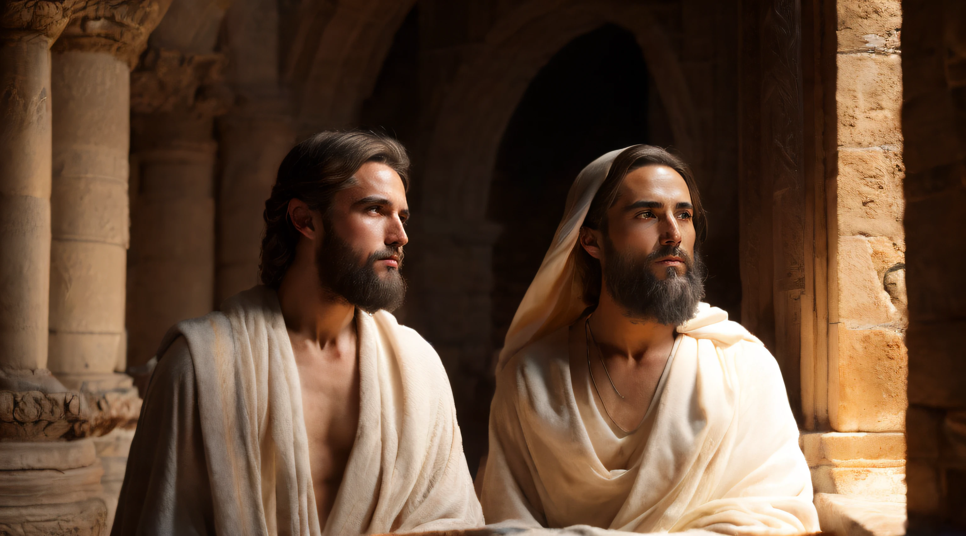 Ancient Israel、Biblical times、1st century、(((The disciples listen to the short-haired Christ)))、8K、Raw photography、top-quality、masterpiece:1.5、ultra-lightweighthigh-resolution、Photorealsitic:1.5、ciinematic light、soft volumetric lighting:1.5、realisitic、Photorealsitic:1、Detailed skin、profetional lighting、a picture、foco nítido、detaileds、profetional lighting、photon maping、detailed and intricate environment、ighly detailed、top-quality、Artistic photography、photorrealistic concept art、soft natural volumetric cinematic perfect light、Midjourney、Detailed hand、