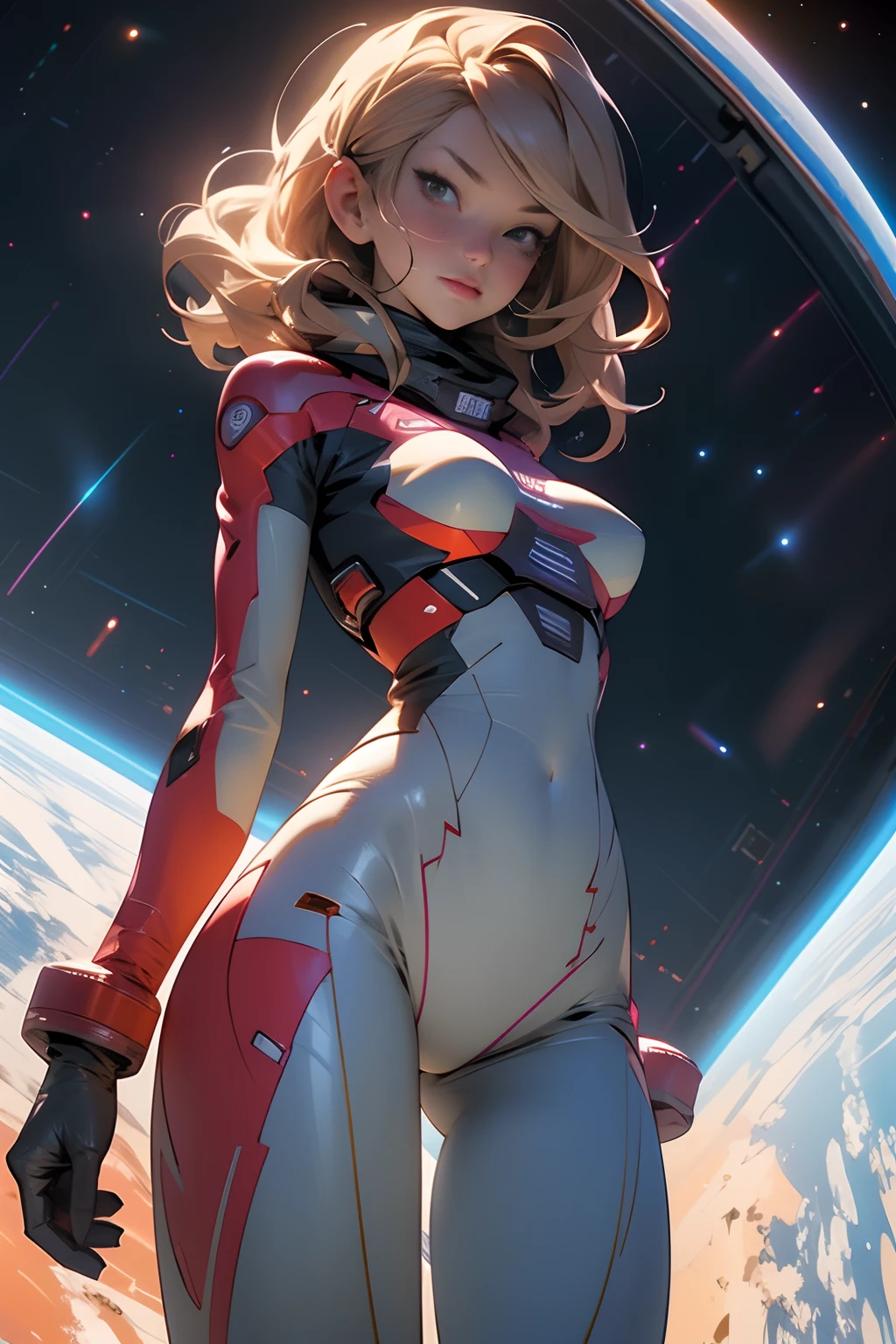 sandy hair fit body large breasts slender thighs slender waist pilot suit solo looking at viewer in space long hair blushing determination, 8k, extreme detail,