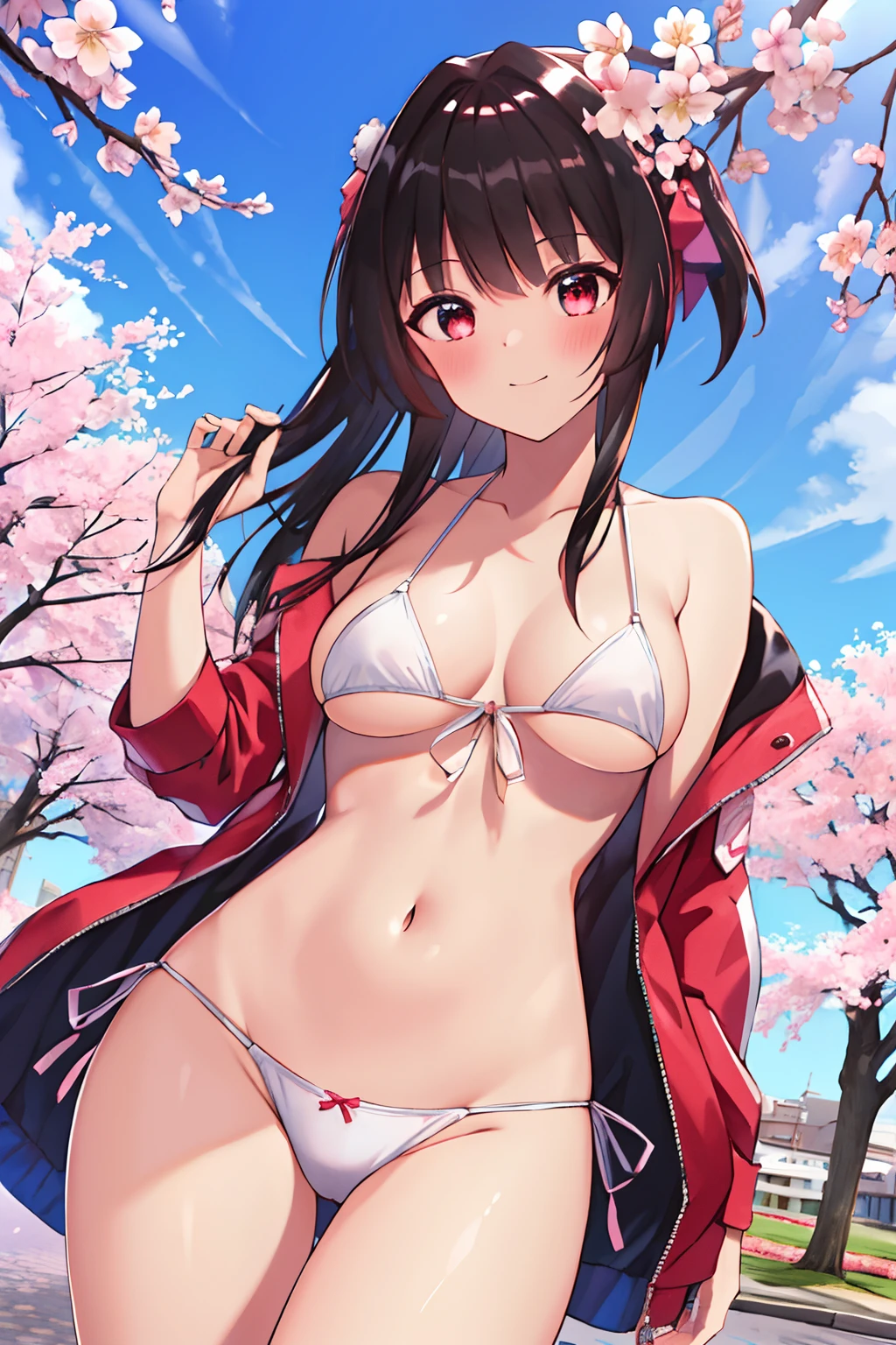 masterpiece, best quality, high resolution, extremely detailed, detailed background, cinematic lighting, 1girl, cute, medium breasts, public indecency, looking at viewer, buildings, outdoor, cherry blossoms, bokeh,