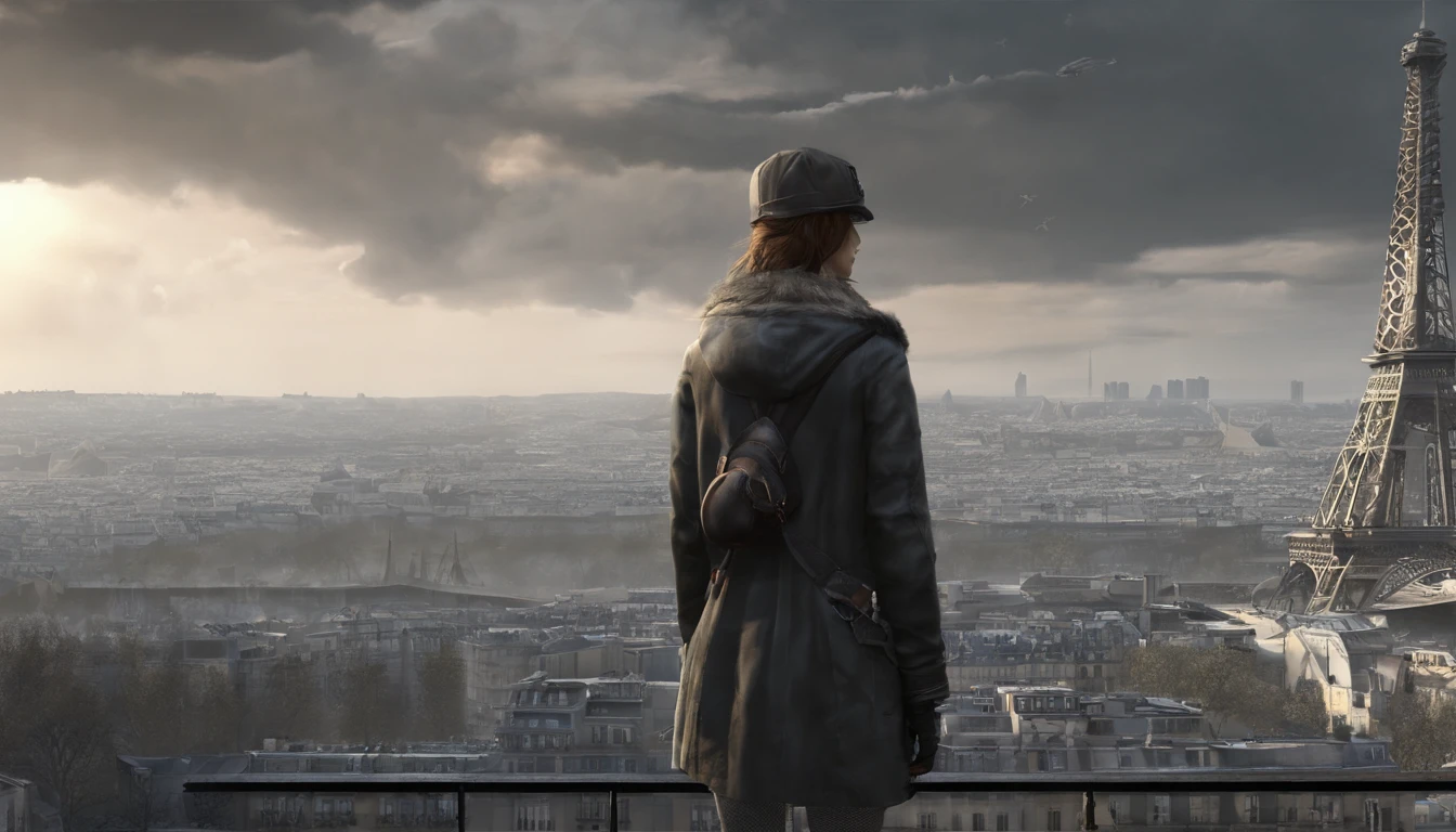 (8K、Superior Quality、masterpiece:1.2)、 (realisitic、Photorealista:1.37)、 ultra-detailliert、Stand on the streets of Paris with the Eiffel Tower in the background、 Beautiful detailed sky、natta, murky, ..。、 Floating Hair in Nova Frog Style、
