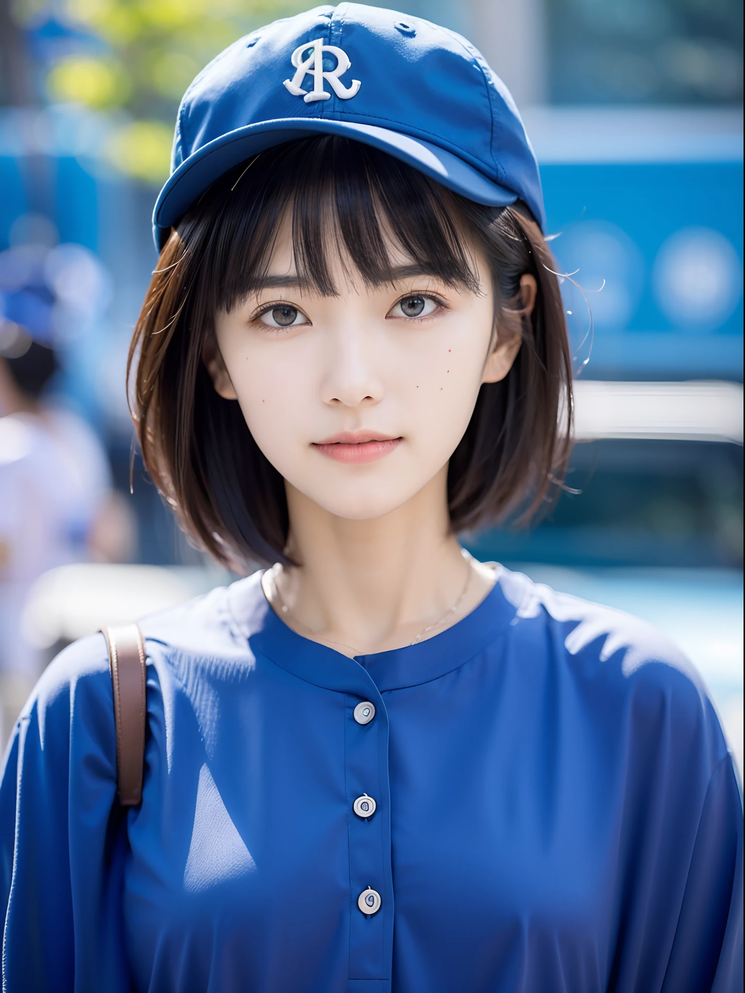 ((best qualtiy,8K,tmasterpiece:1.3)), 1girll, ssmile, full bodyesbian, Slim Faces, Beautiful woman, (Short hair),比基尼 :1.1, Super detailed face, Detailed eyes, 二重まぶた, blur backgroun, Slim Faces, 城市, do lado de fora, the street,Blue baseball cap,8K UHD, RAW photography, model photoshoot, Detailed skin, skin blemish