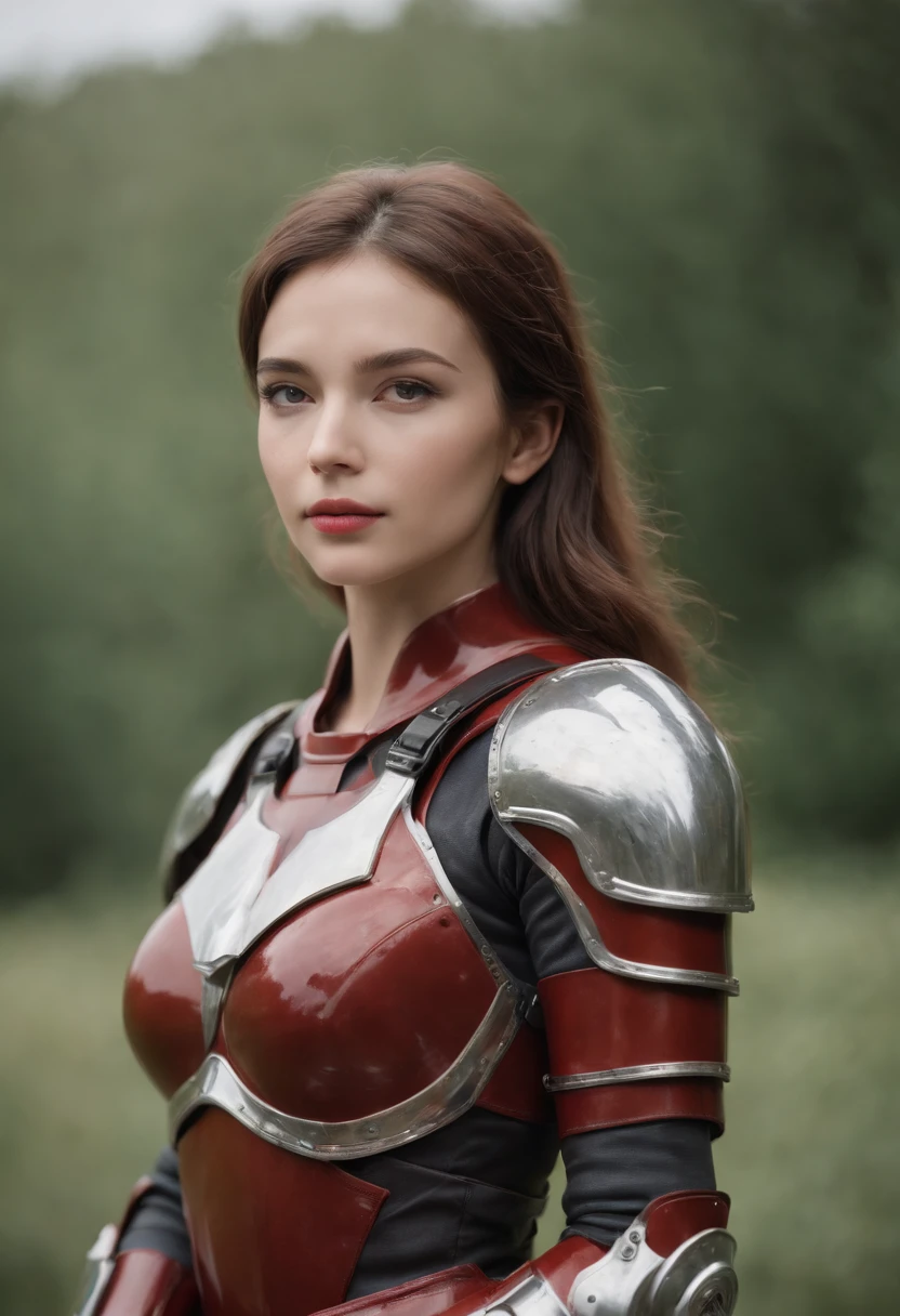 (Master Parts), (best qualtiy), rendered, Realistic, ultra - detailed, face perfect, perfect bodies, 1 Tape, Beautiful Girl, girl in red armor, Mechanical Armor, exoskeleton, to stand, Pose legally, Sexy, Watching from behind