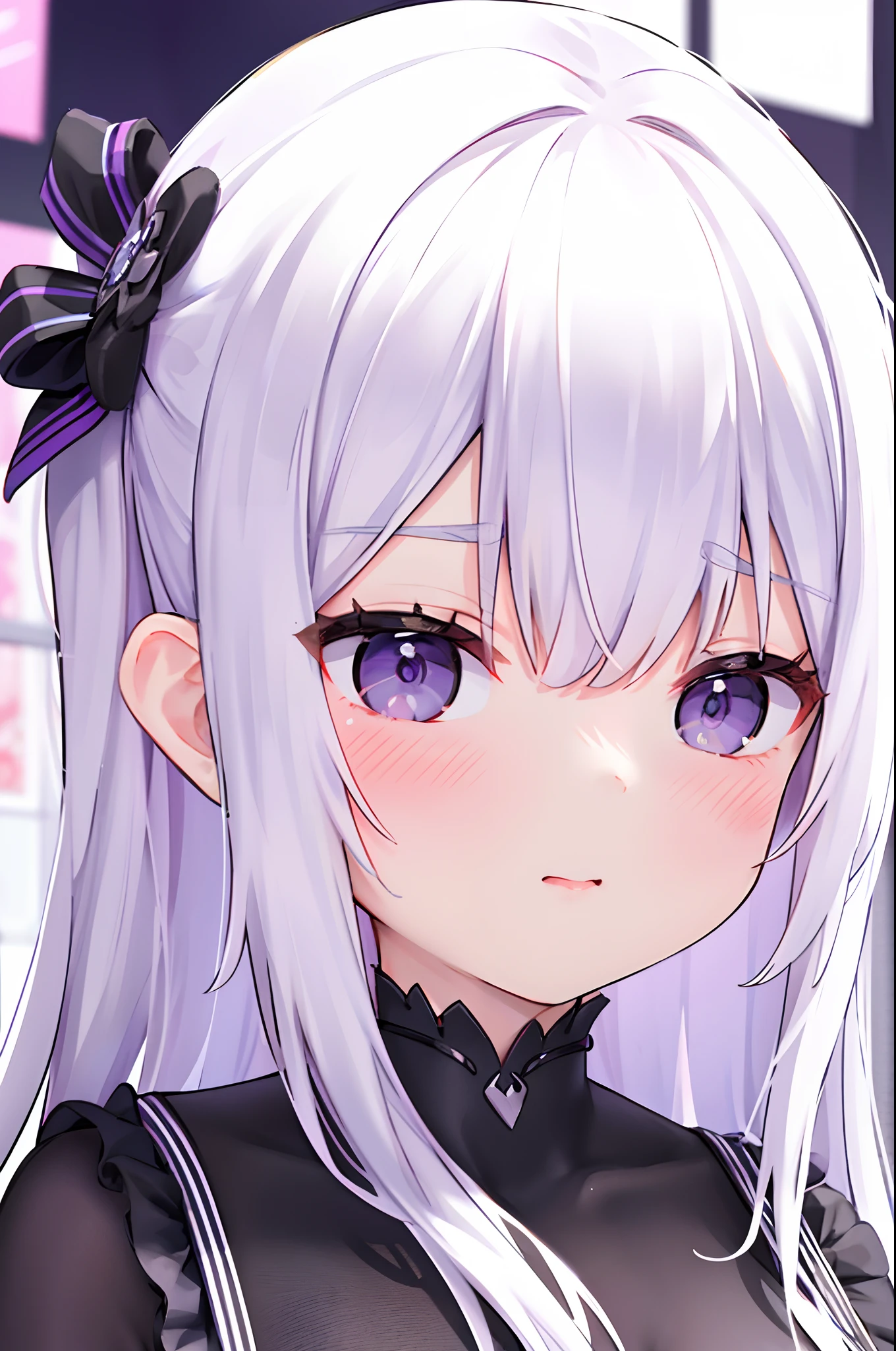 A purple-eyed girl with ultra-detailed features is standing alone in a school background. She has long white hair and wears a black dress. The portrait should be of the best quality, in 4k resolution, and with a realistic and photorealistic style. The lighting should enhance the details of the girl's face and bring out the vibrant colors, especially emphasizing her beautiful and striking purple eyes. The focus should be sharp, capturing every fine detail and capturing the essence of this masterpiece.