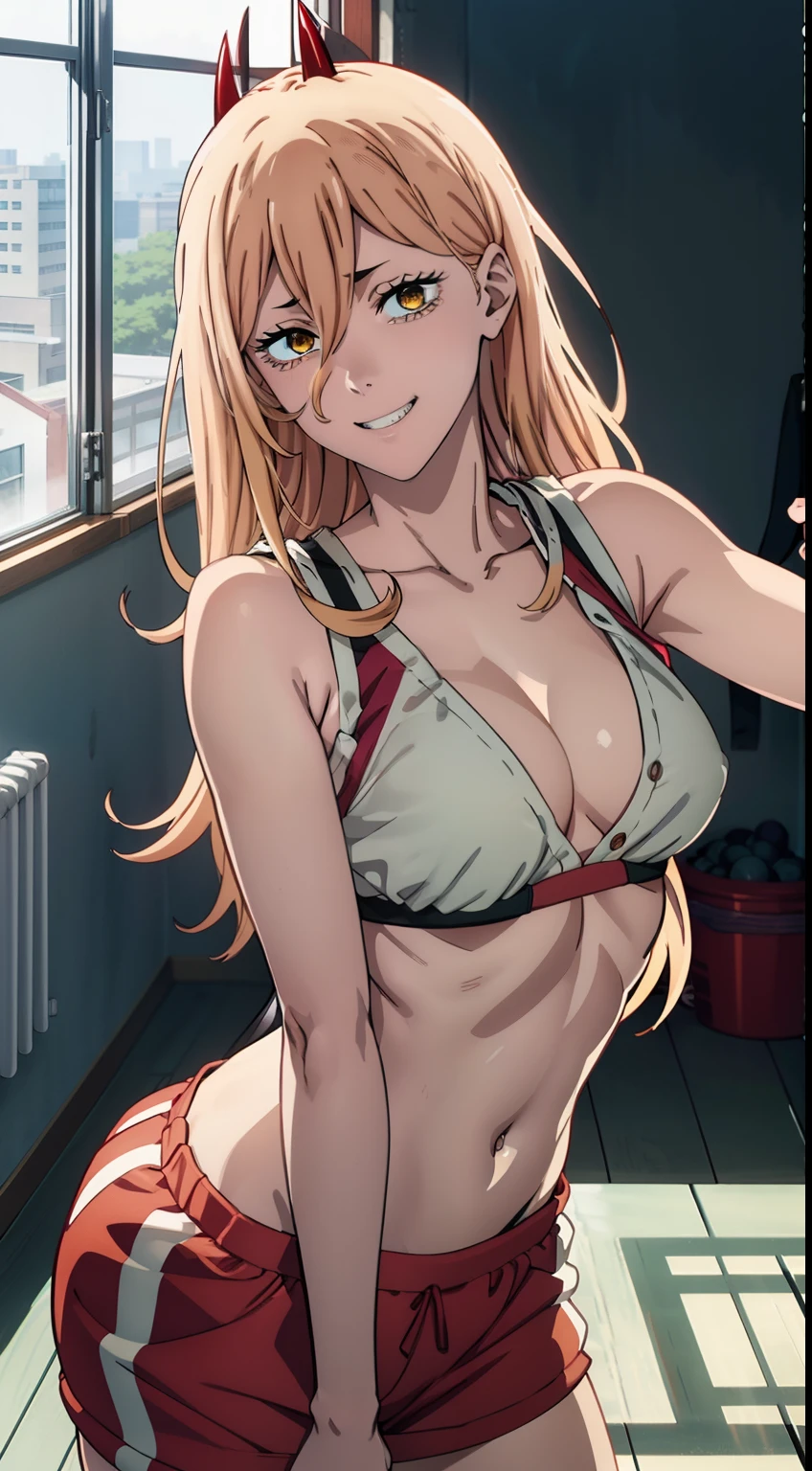 in the gym, hooligan, in the gym, ssmile, grin, criminal, laughting, shirt unbuttoned, stooping forward, Lies, medium chest size, bare breasts, sports clothing, red sneakers, madwoman, vulgar, Erotica, half naked, beautiful breasts, waist, bare buttocks, sexy body, hight resolution, 1girl, 独奏, hairlong, blonde woman, dangerous,vivid eyes,Yellow eyes, Odin, Mesmerizing eyes,Confident,superior, naughty, (power \(chainsaw man\),), red horns, Energy from a chainsaw, Red horns on the head, Cool anime 8K, Clean and detailed anime art, 4K Manga Wallpapers, Подробный портрет Anime Girl, Anime 4K Style, Anime Art Wallpapers 4K, Anime Art Wallpaper 4K Masterpiece, Gorgeous, Best Quality,
