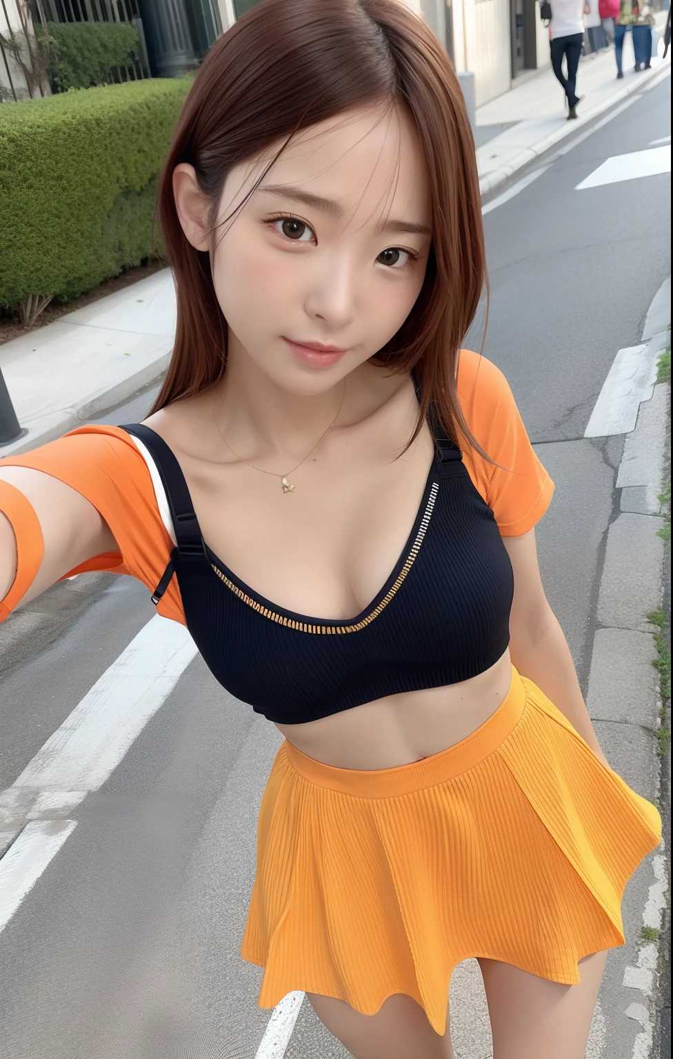 1girl in,超A high resolution, Photorealistic, Best Quality, 8K resolution,、street corner、In the street、is standing、Thin constriction、Navel Ejection、Halloween Cosplay、Keep-out tape、orange dress、Black mini skirt、 Ah face, Ecstasy, Face up, Shoot from above, Eyes roll back, eyes up,