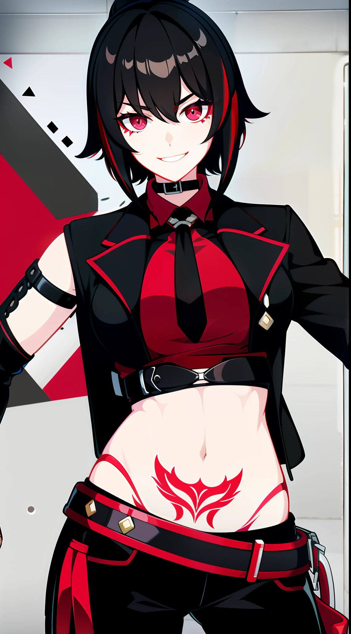 young girl, Short black and red hair, high ponytail, gray eyes, Smile, open belly, black trousers, red jacket, tie, belts, fetters, Tatoo, iron gloves, face tattoos, Masterpiece, hiquality, 4k, HD, Good detail