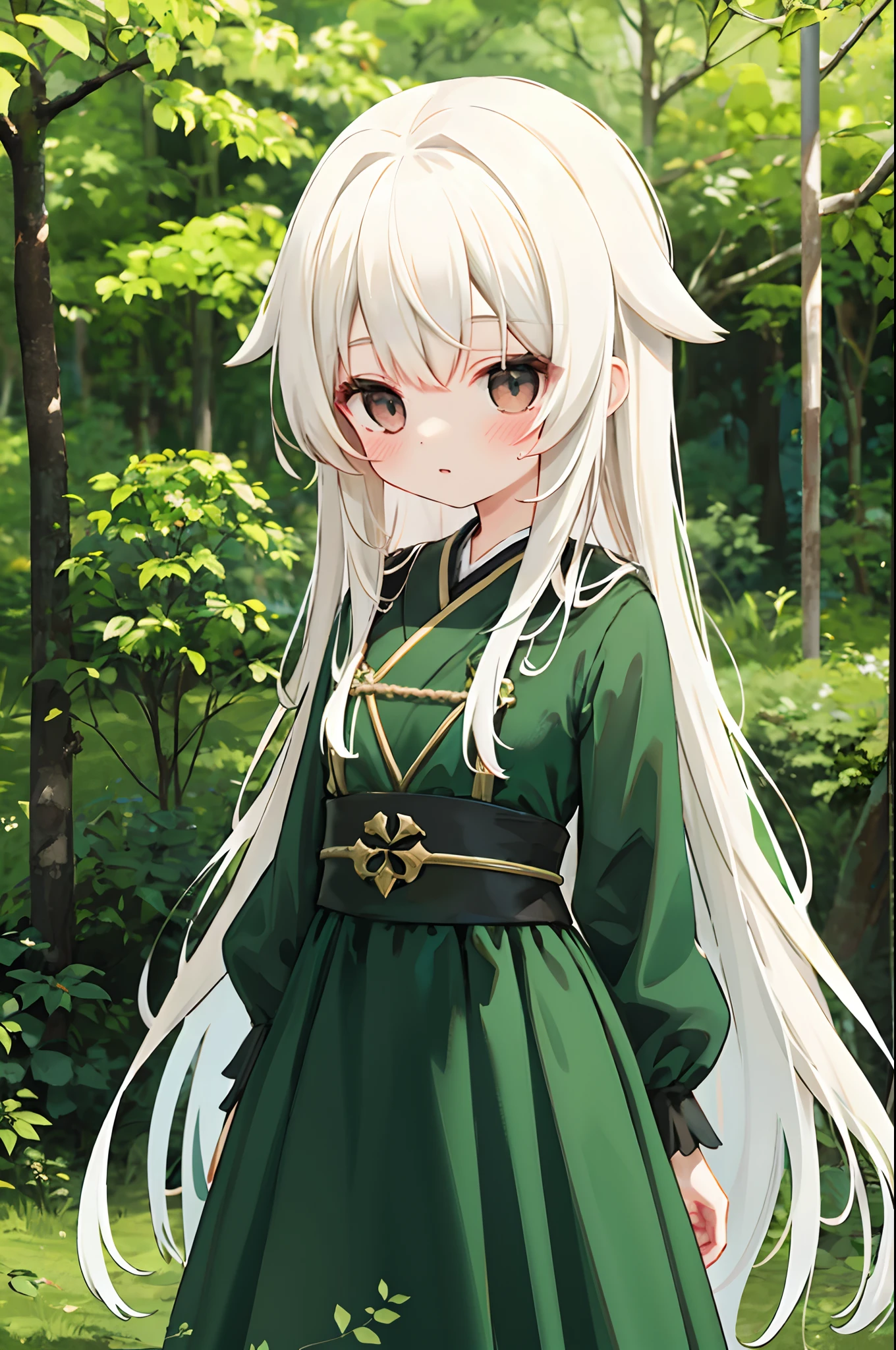 1 girl, 独奏, Vermilion hair, kblack eyes, green dress, Forest background