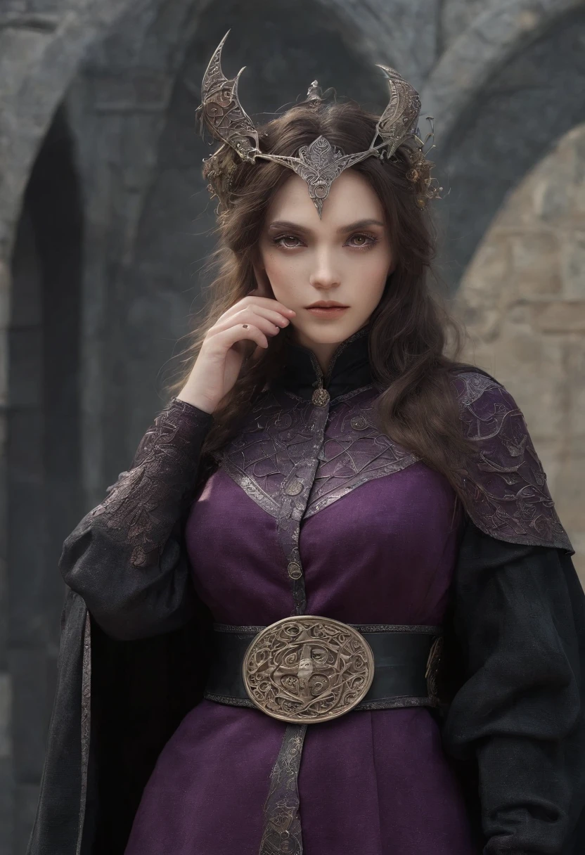 (An old Celtic girl stands on a bat), (Clear and perfect facial features,) Medieval European purple dress, Belted top, Cloak, mitts, Smooth or textured fabrics, Silk, Velvet or leather, Dark skin, Smoky makeup, Deep red or purple lips, Gothic or medieval style necklaces, bracelets and earrings, Background: sankta. Debate Castle, bat, Moon Bat Castle,concept art of character,Game scene graph,close up photograph,Photography,Clear facial features,A beautiful painting by Alphonse Mucha,Louis Comfort Tiffany,Painted in the traditional French art style,Ukiyo-e art,surrealism,Fever-Dream,Blame the core,author：david bailey,illusory engine,corona rendered,Quixel Megascans Render,v-ray,rendered on octane,archviz/building rendering,ultra-wide-angle,Waist Shot(WS),Long shot,Dramatic Lighting - AR 9:16 --V 5.2 --style raw --uplight --tile