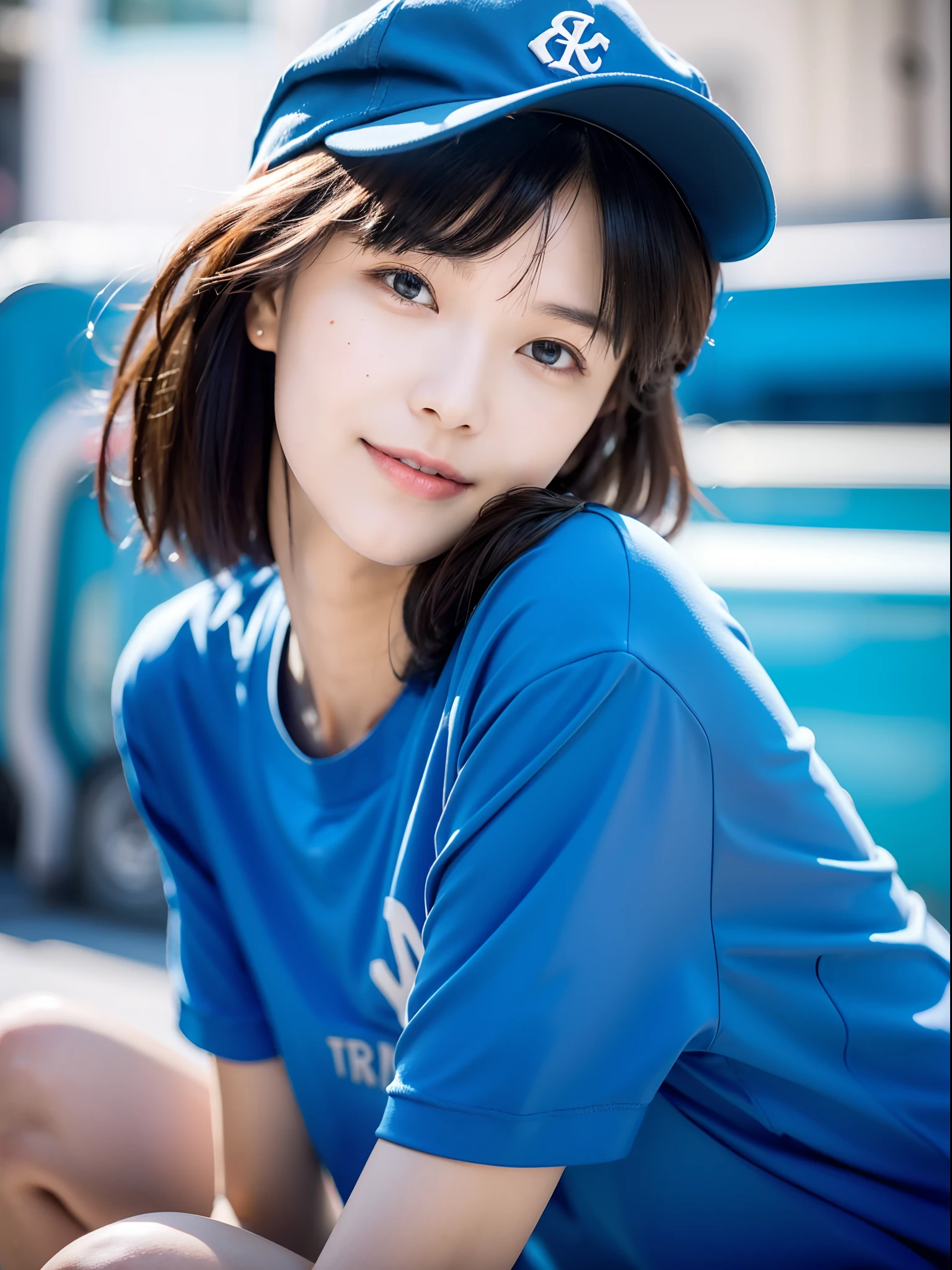 （（best qualtiy，8K，tmasterpiece：1.3））， 1girll， ssmile， full bodyesbian， Slim Faces， Beautiful woman， （Short hair），比基尼 ：1.1， Super detailed face， Detailed eyes， 二重まぶた， blur backgroun， Slim Faces， 城市， do lado de fora， the street，Blue baseball cap，8K  UHD, RAW photography, model photoshoot, Detailed skin, skin blemish