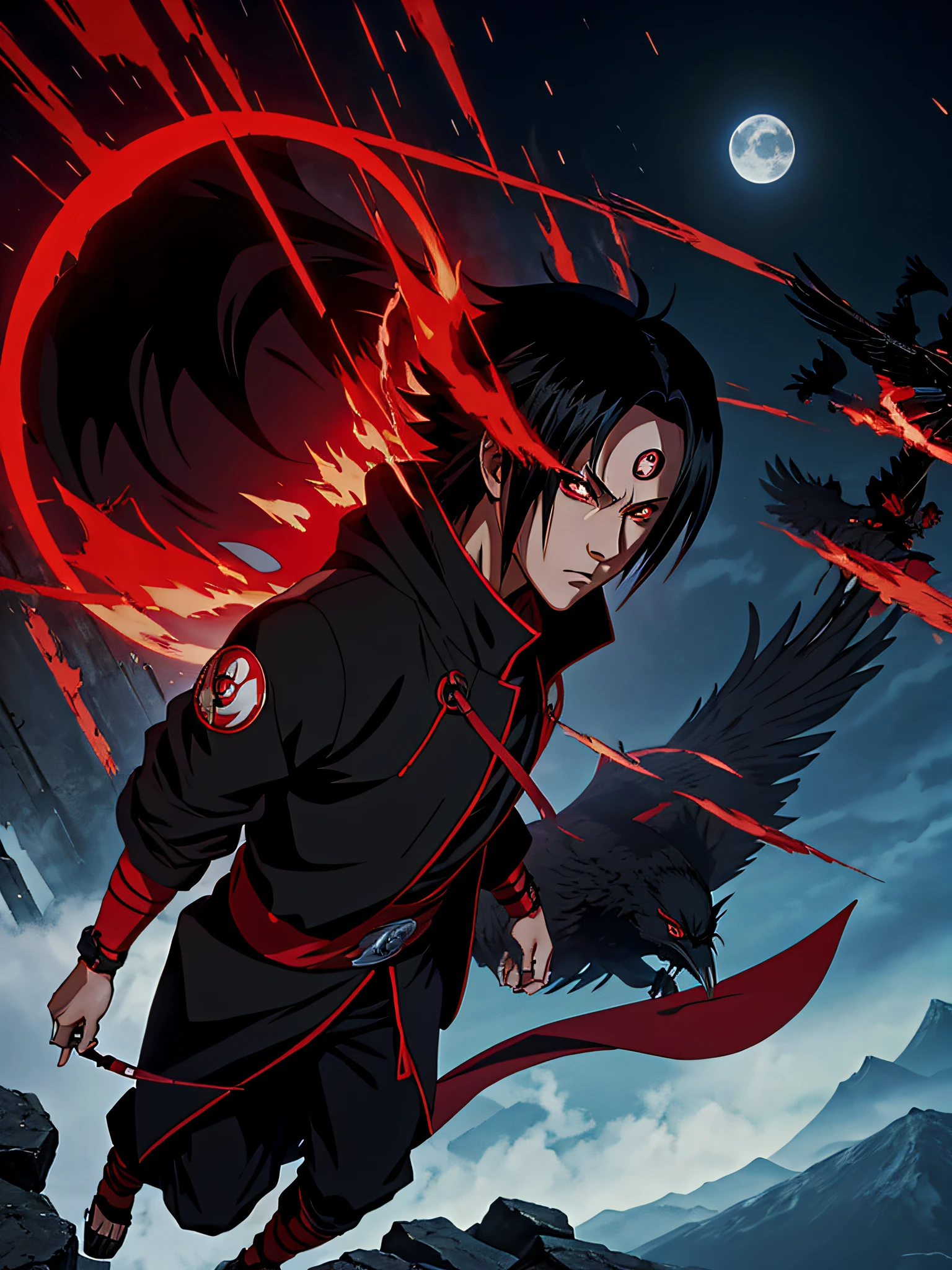 character ninja, person wearing a black and red jacket, full body black and red longcoat, red and black cape and hoodie, akatsuki akira, black and red jacket,drawing of red clouds front, stylish coat, eyes red bright circular object with black circles, itatchi uchiha, itachi, akatsuki akira, pain from naruto, itachi uchiha, red demon cyberpunk symbols, inspired by Shūbun Tenshō, inspired by Sōtarō Yasui, inspired by Chen Jiru, shurikens, ryuu, anime character with a crow on his shoulder and a full moon in the background, itachi uchiha, itatchi uchiha, itachi, akatsuki akira, badass anime 8 k, sasuke uchiha, 4 k manga wallpaper, ryuu, anime style 4 k, inspired by Chen Jiru, epic anime style, anime wallaper, anime characters in black robes with red eyes and a red cloak, itachi uchiha, itatchi uchiha, itachi, sasuke uchiha, madara uchiha, akatsuki akira, inspired by Chen Jiru, anime wallaper, from naruto, ryuu, mobile wallpaper, wallpaper mobile, full body black and red longcoat, sakimi