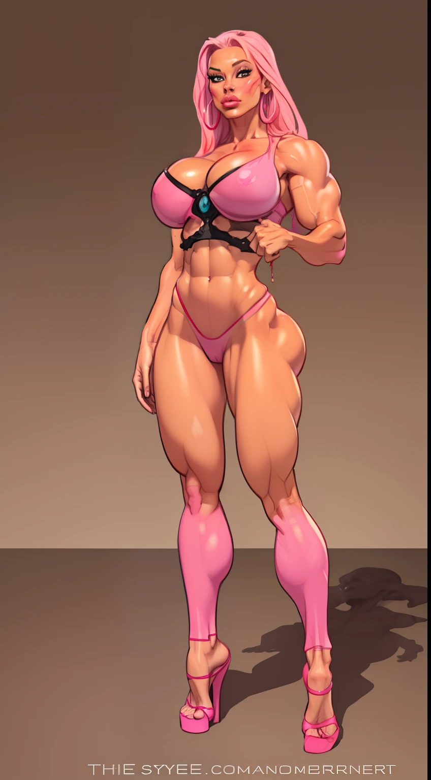 ((full body view:1.4)) masterpiece, ((thepit style:1.4)), a drawing of a female barbarian, (pink skin:1.5), muscular body, feminine, huge upper body, wide shoulders, veins, beautiful face, full lips, slim face, high cheekbones, muscular, in the art style of mohrbacher, in style of peter mohrbacher