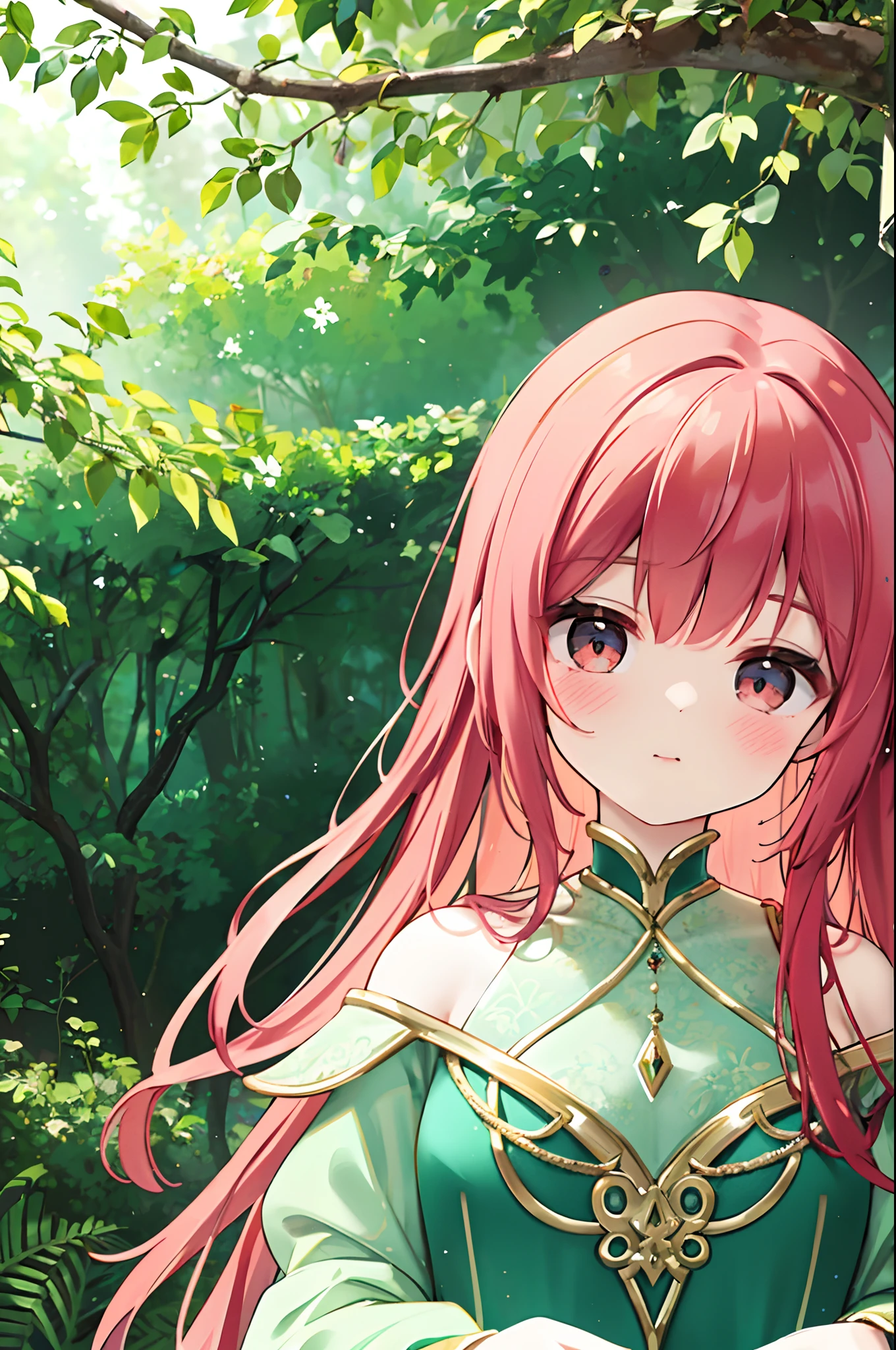 An ultra-detailed, high-quality, 4k, 8k, and high-res masterpiece with a photo-realistic touch. The main focus is a fantasy portrait of a girl with striking characteristics. She has beautiful red hair that cascades down her shoulders, contrasting against her captivating black eyes. The girl stands alone, exuding an air of mystique and elegance. She is dressed in an ethereal green dress that gracefully flows around her, adding an element of enchantment to the scene. The backdrop is a lush forest, with tall trees and vibrant foliage, creating a magical atmosphere. The colors in the artwork are vibrant and vivid, enhancing the overall allure of the portrait. The lighting is soft, casting a gentle glow on the girl's features and adding a touch of warmth to the setting.