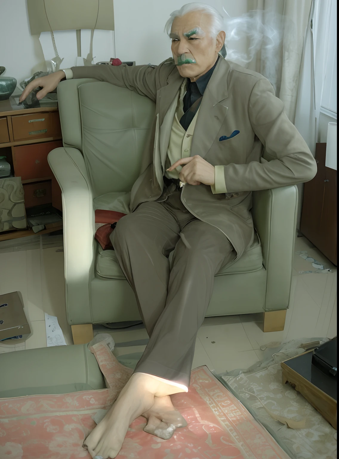 Generate an old anime character sitting on a sofa , smoking