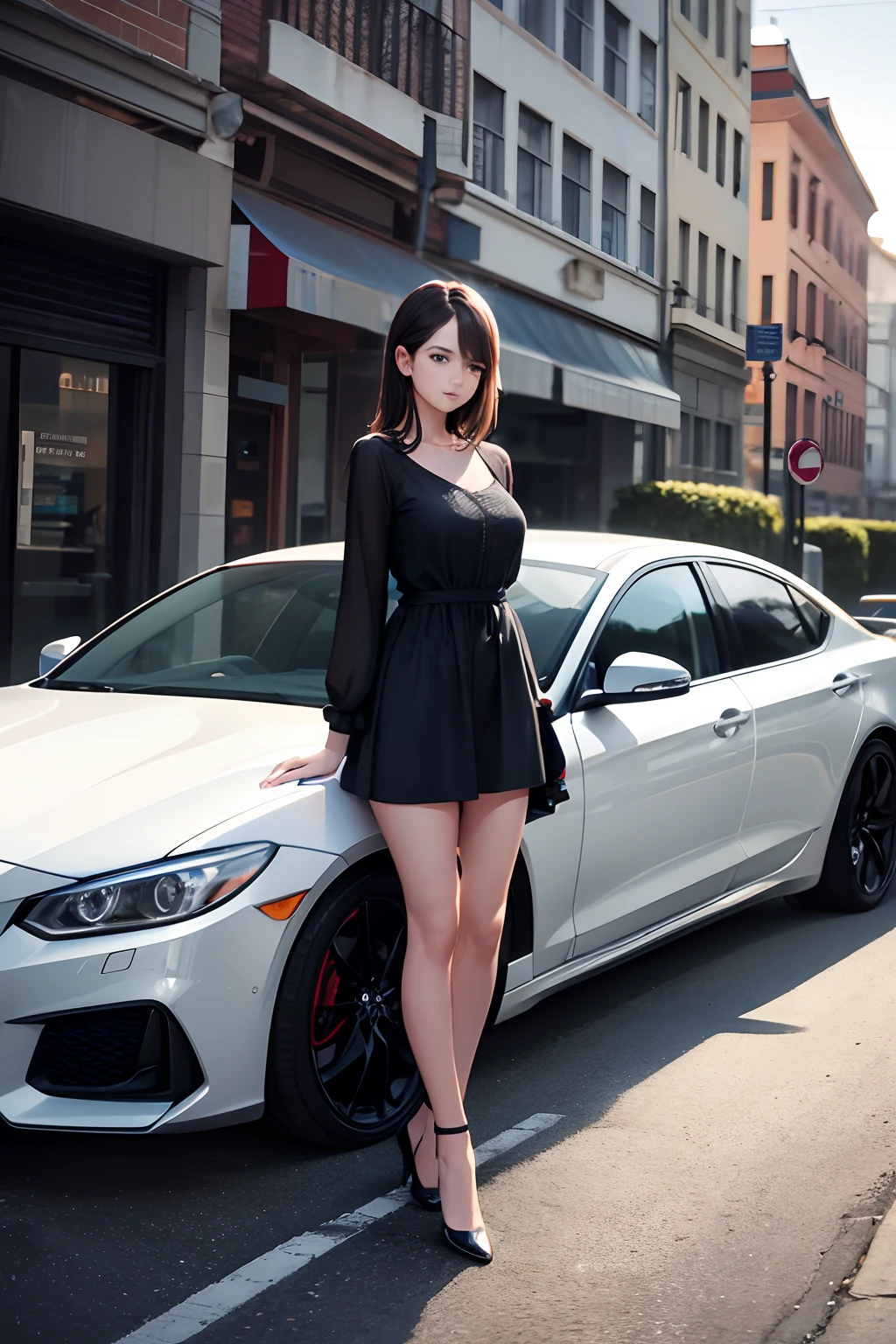 Surreal concept, 8K resolution, photographic quality, Photorealistic,A detailed eye,Smile,Woman standing near car,Solo,1girl in,Casual dress,Pointed Toe,