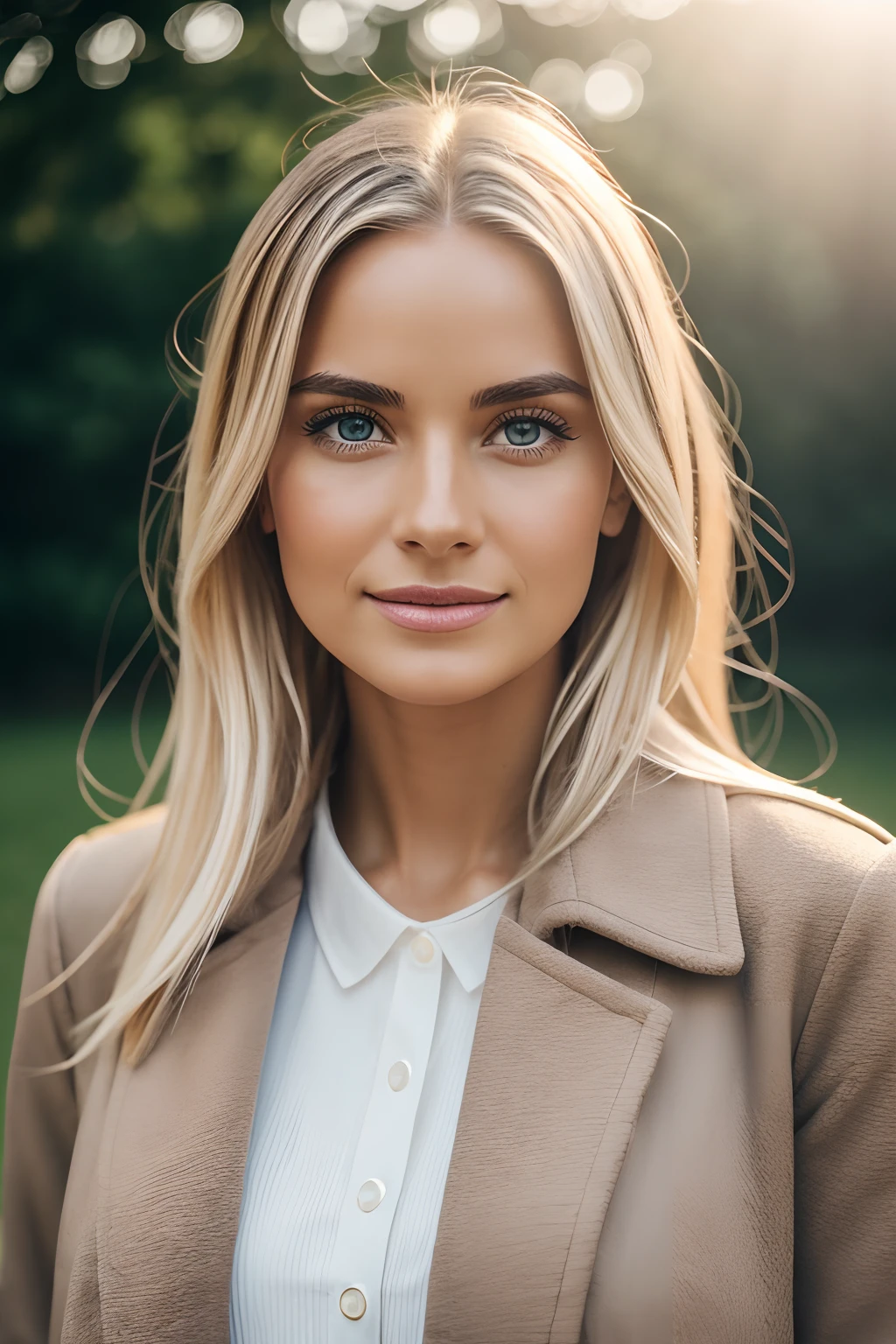 Hyper-realistic and detailed shot of a blonde woman .souriante de 25 ans portant un long manteau et une mini jupe. outside. Le soleil brille. Des yeux parfaits, (maquillage des yeux:1.1), (seins parfaits), (Highly detailed skin:1.1), .....RAW, style analogique, mise au point nette, 8K UHD, DSLR, High quality, Fujifilm XT3, grain, award winning, Masterpiece, Objectif 24 mm