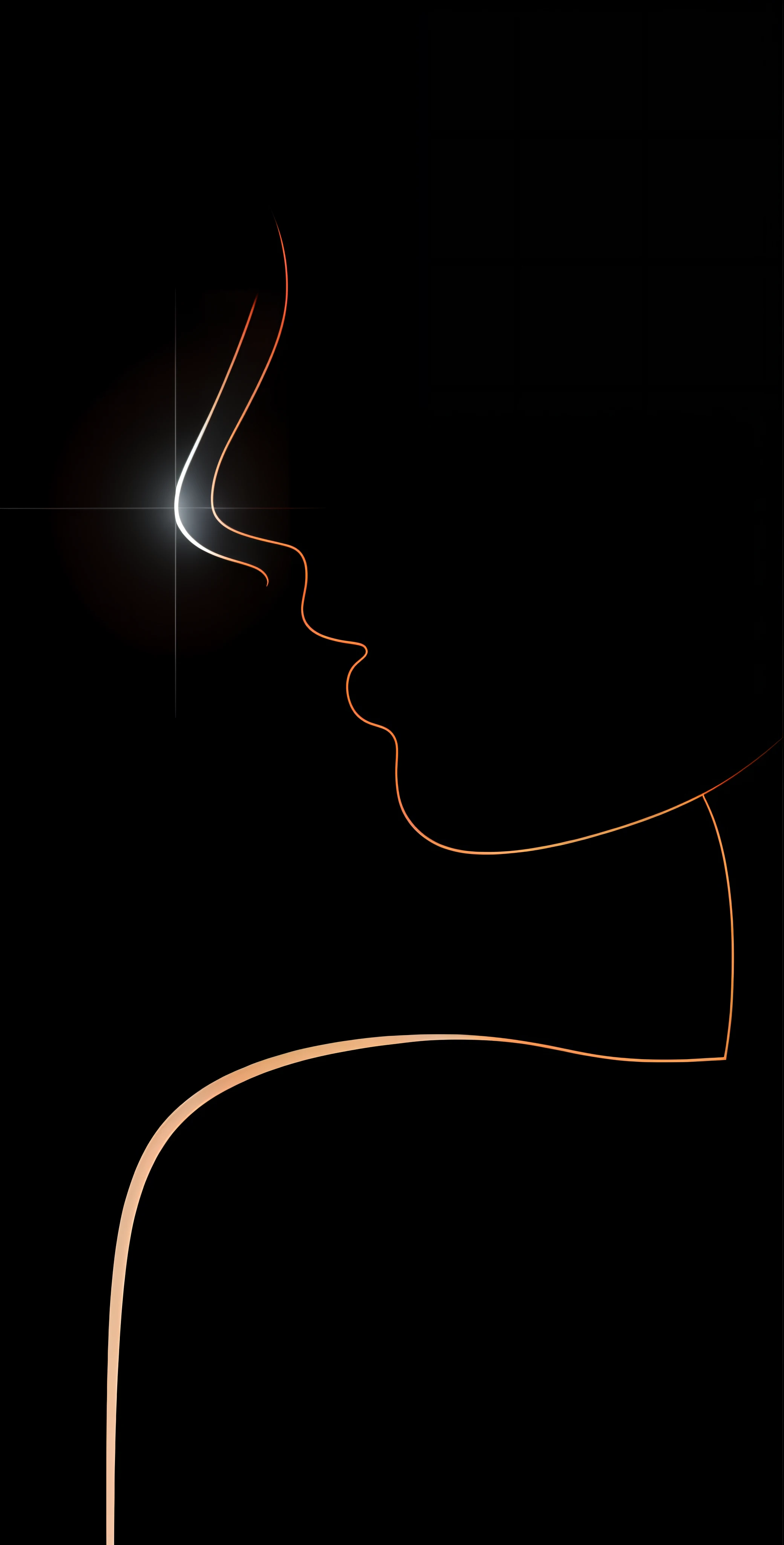 Black background with a red line and a white line, a woman's profile, Profile surface, Women's profiles, face illuminated, face bright, Face profile, close - up profile face, woman silhouette, side profile artwork, Spotlight from the face, spotlight in middle of face, In profile, side profile cenetered portrait, profile pose