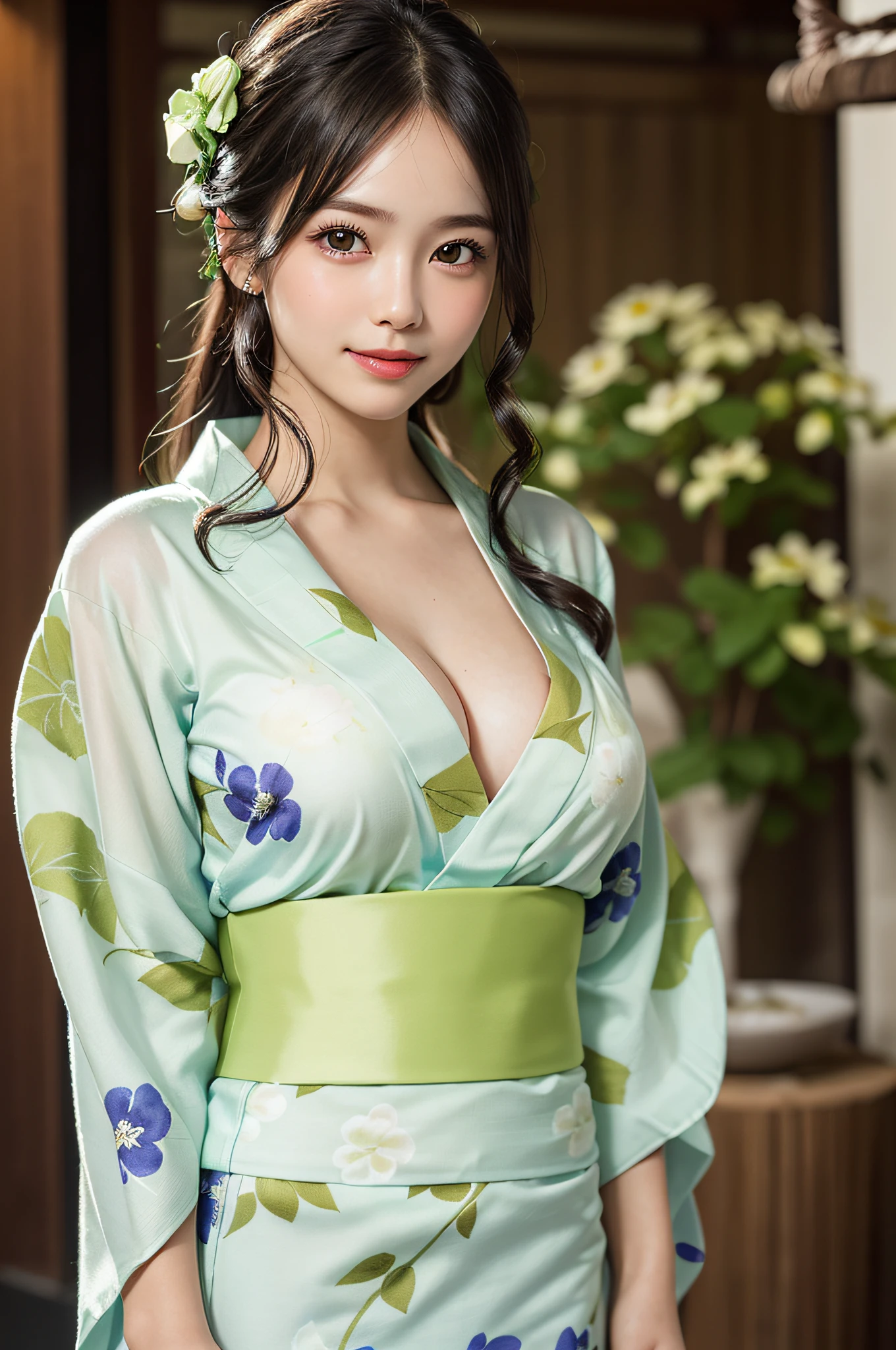 (1ung girl), Extremely cute face, Amazing face and eyes, (Highly detailed eyes, Highly detailed face), fresh, Very clean appearance, (Hyper-realistic, hight resolution), (Best Quality:1.4), Raw photo, (Realistic, Photorealsitic:1.37), Professional Photography, (light green floral pattern yukata:1.5), (Open yukata), (cleavage:1.2), (Bare shoulders), Smile slightly, (Staring at me), Bedroom, girl portrait,