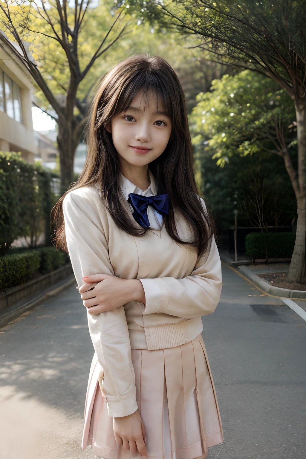 masterpiece、8K、32K、top-quality、(A cute Japanese woman:1.1)、detail portrayal、1 girl in、elegent、(School uniform:1.3)、School Grounds、cowboy shot、ssmile