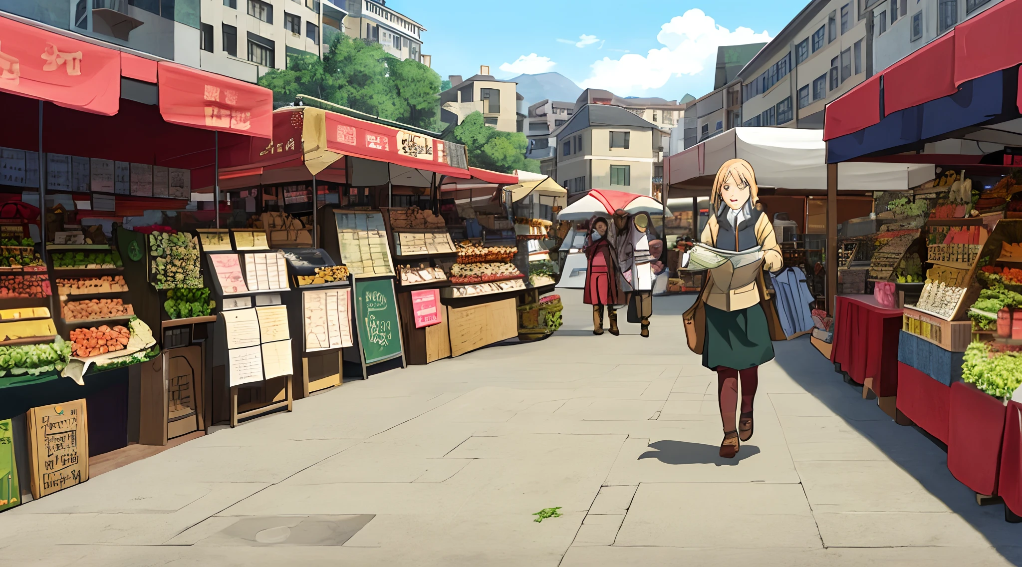 A girl holding a map and walk on a market