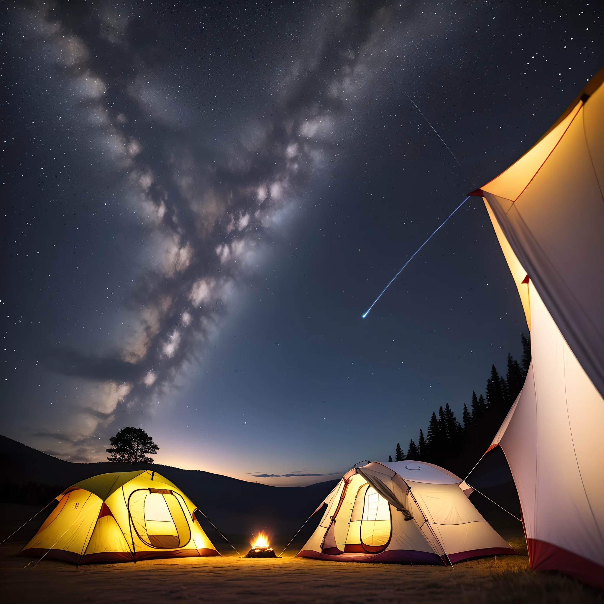 Camping under stars in a tent