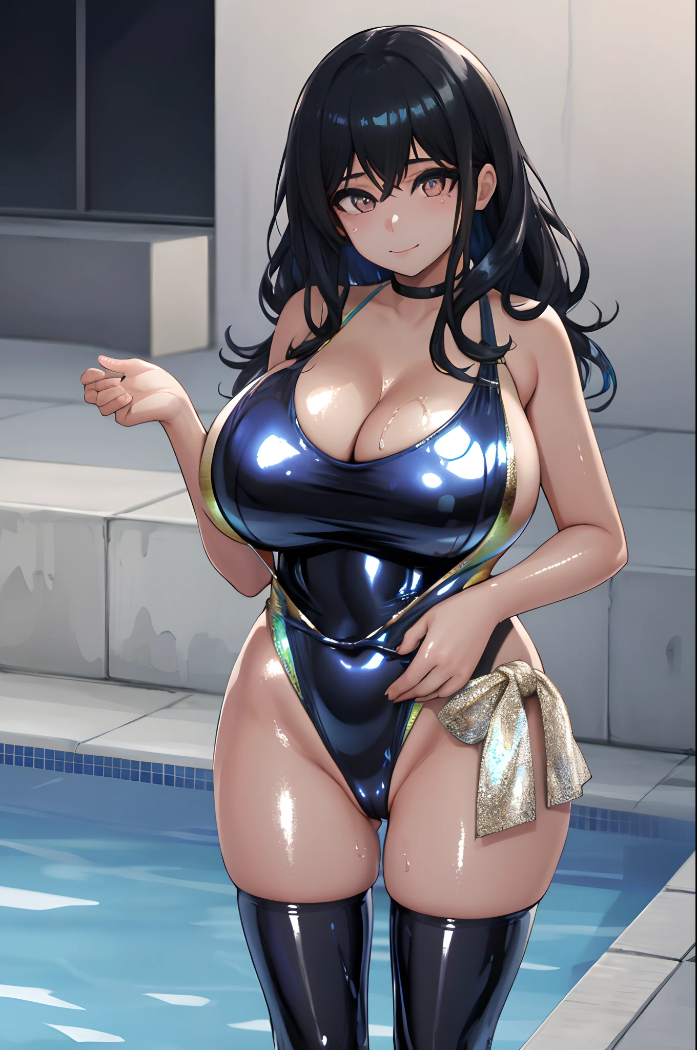 1girl, solo, masterpiece, best quality, detailed face, face focus, smile, closed mouth, long eyelashes, mascara, very long hair, black hair, drill hair, looking at viewer, (Wearing competitive swimsuit), (one-piece swimsuit), (holographic iridescent metallic black latex swimsuit:1.4), sukumizu, (shiny glossy skin:1.2), pussy squirt, cameltoe, (flat drawing:-0.4), detailed eyes, pupil, huge breast, cleavage, poolside,