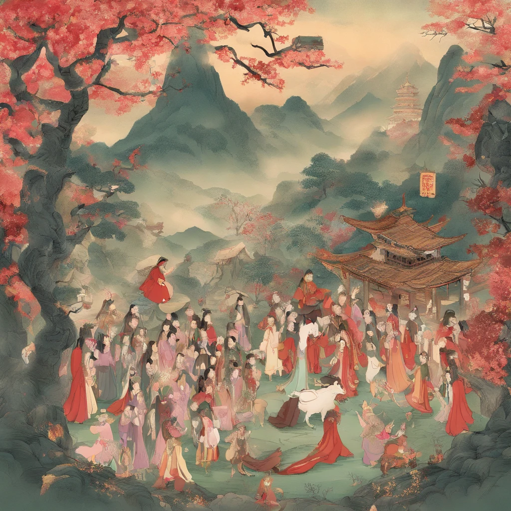 The strong girl and the villagers came to Niujiao Mountain,Thanksgiving and offerings to the god of the ox king。They sing、Dance