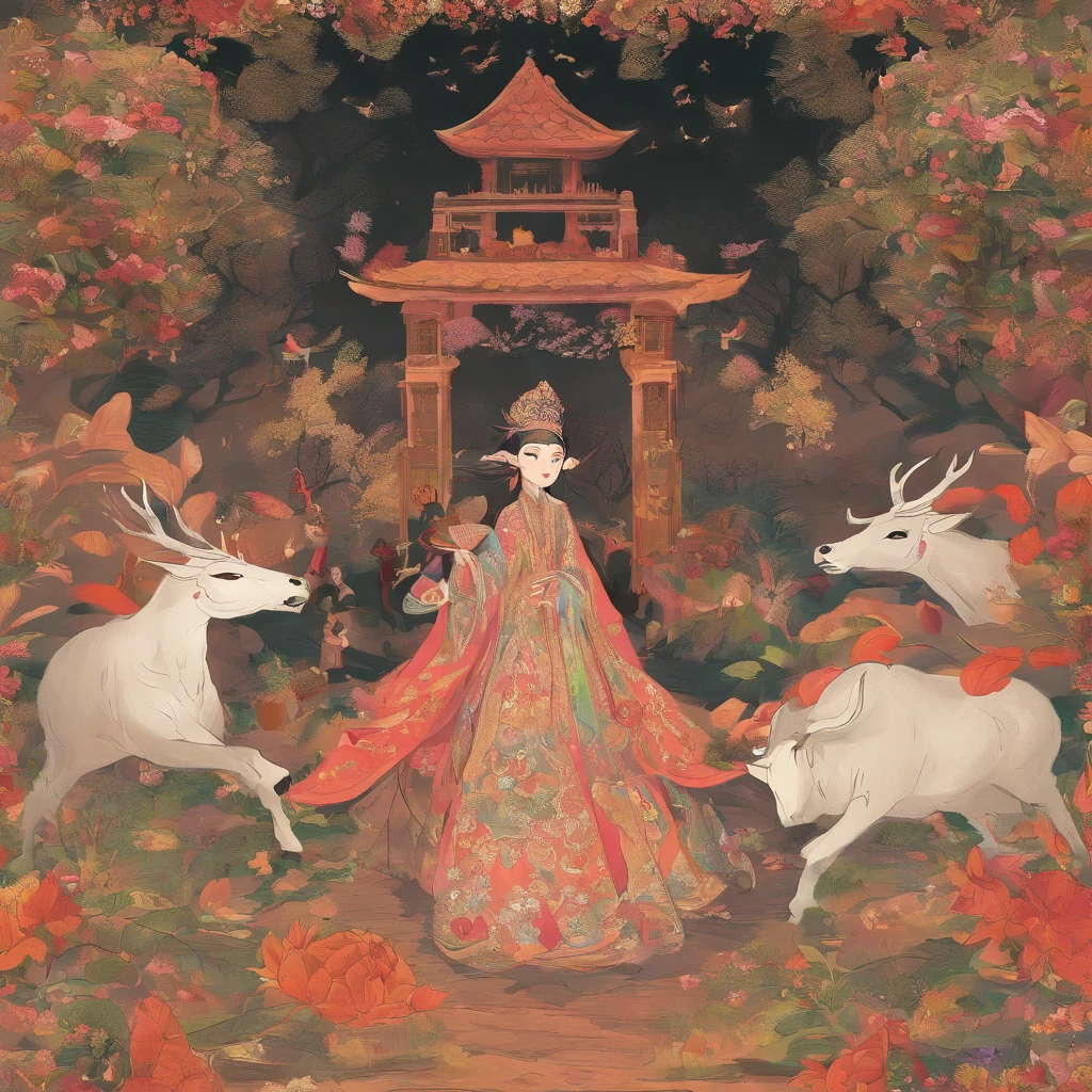 The strong girl and the villagers came to Niujiao Mountain，Thanksgiving and offerings to the god of the ox king。They sing、Dance