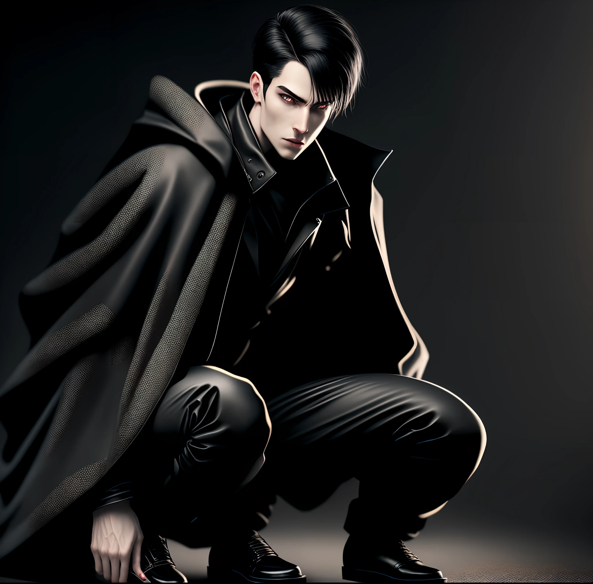 male character with white hair with the sidetails long, his bangs infront of his eyes, and darkish-pale skin. he wears dark clothing, a black designer poncho, black parachute pants, and black shoe flats. he has black hands but long nails.