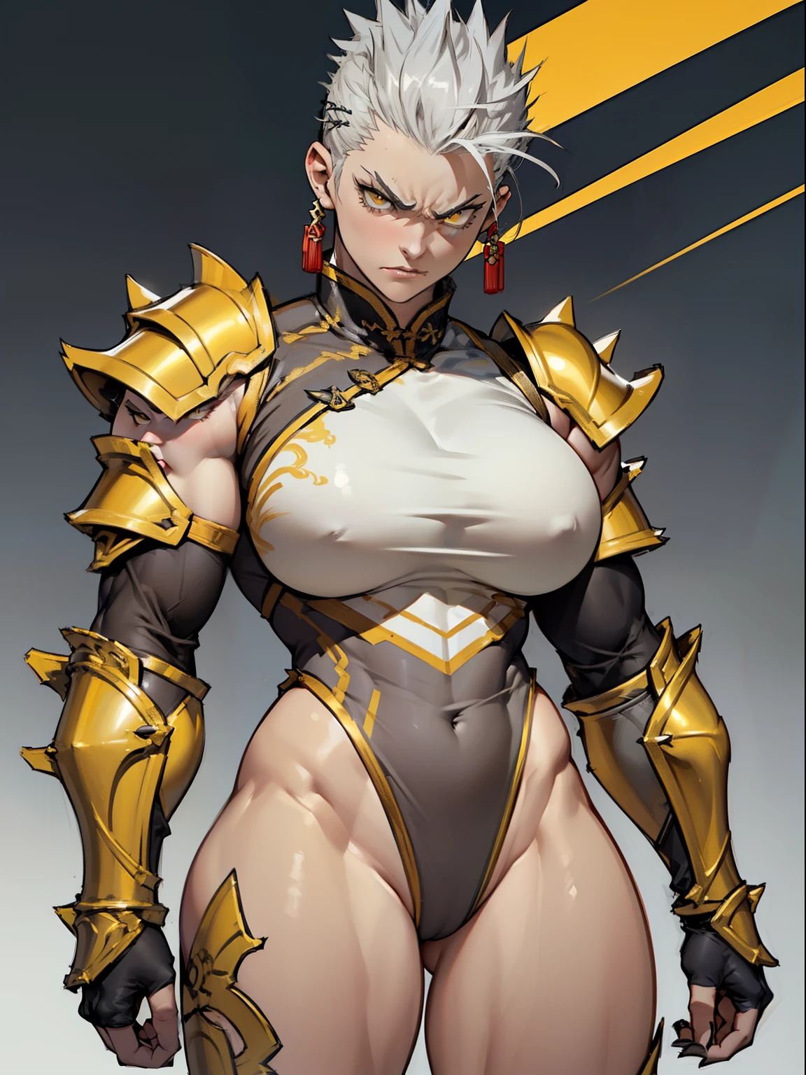 ((1 girl)), Solo, (((Medium Long Shot))), (((Very short hair))), ((spiked hair)), (Grey Hair), Yellow eyes, (angry), pale skin, (((((((muscular))))))), ((thick thighs)), ((Huge breasts)), ((((chinese armor,)))), ((Leotard)), (((wide hips))), ((greybackground)), (Shiny skin), close up,