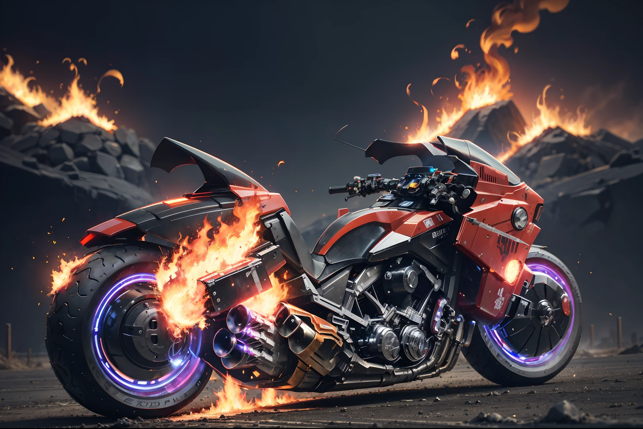 (Official Art, Unity 8K Wallpaper, Ultra-detailed, Beautiful, Masterpiece, Best Quality, 1.4x Realistic), (Superhero Ghost Rider, Skull), eyes sparkling with fire, body wrapped in burning chains, chains and motorcycle made of titanium alloy of future technology,冰冷感的body, Ghost Rider riding a black motorcycle of future technology, galloping on the burning plain of fire, the whole motorcycle burning with fire, fire element, composed of fire elements, volcano, burning cyberpunk city landscape, doomsday, epic screen.