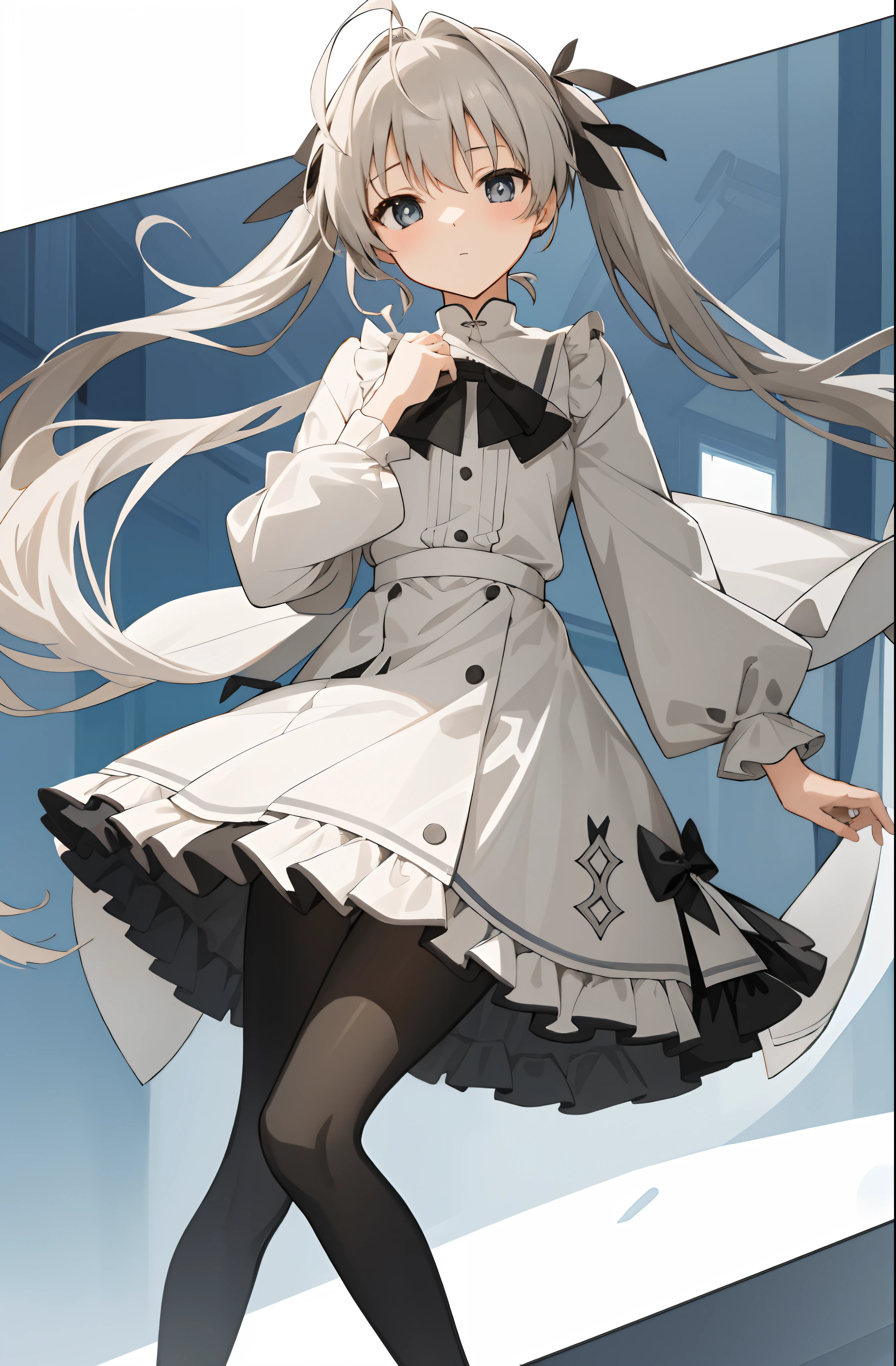 （Masterpiece，best qualtiy，A high resolution：1.5），1girl，high school senior，white skinned，Gray-black pupils，twintails，lacepantyhose，shift dresses，Delicate face，School Background，The light is bright，Sora Kasugano，Animated illustration style，pixiv popular