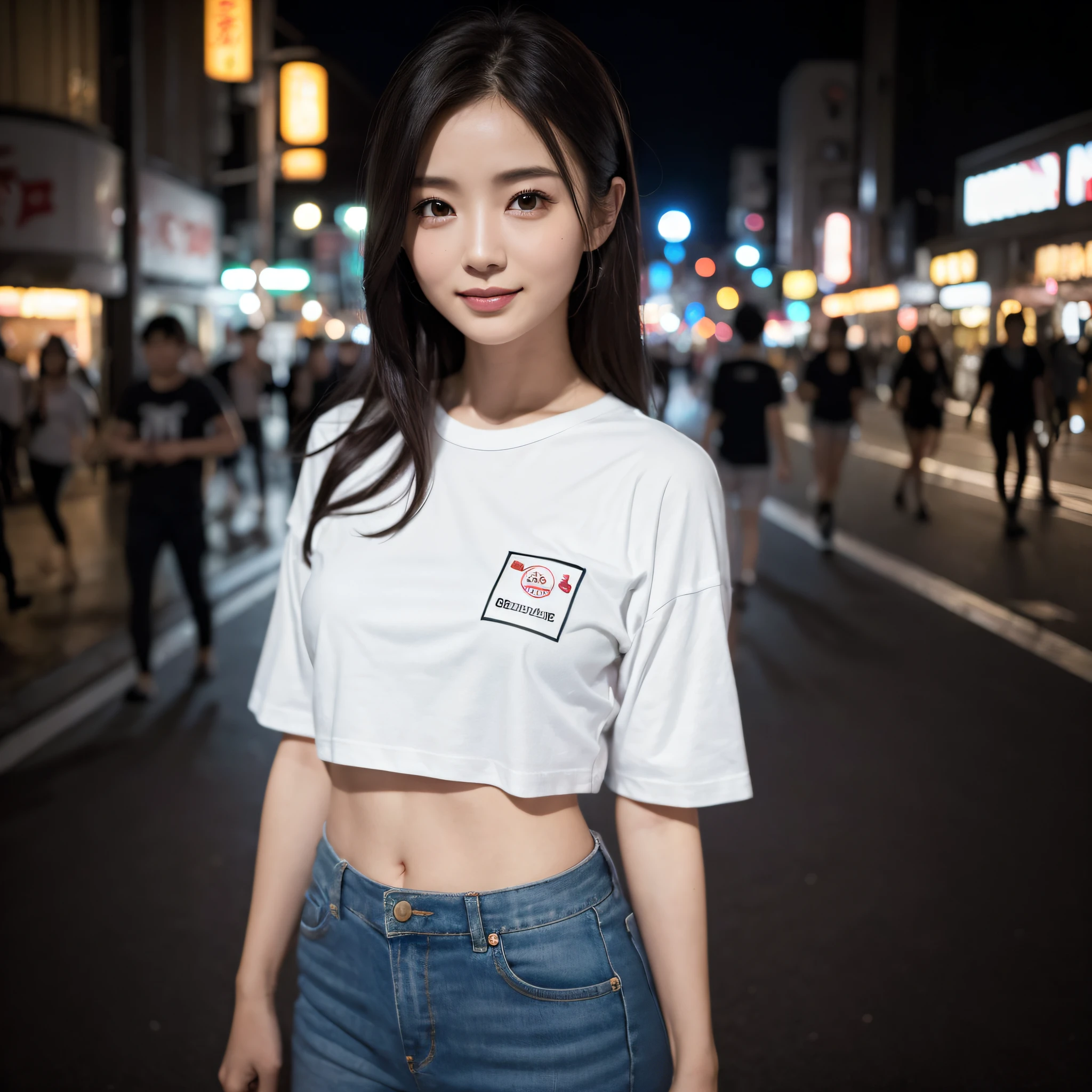 One lady、((best qualtiy、8k masterpieces:1.3))、foco nítido:1.2、(ultra beautiful faces:1.0)、(shinny skin:1.0)、photos realistic、A dark-haired、Video Lighting、High-definition eyes and face、Video Lighting、Japanese cute actress)、from the front side、medium breasts、Smile、Slender Abs Beauty、Whole body、wearing t-shirts、in tokyo at night