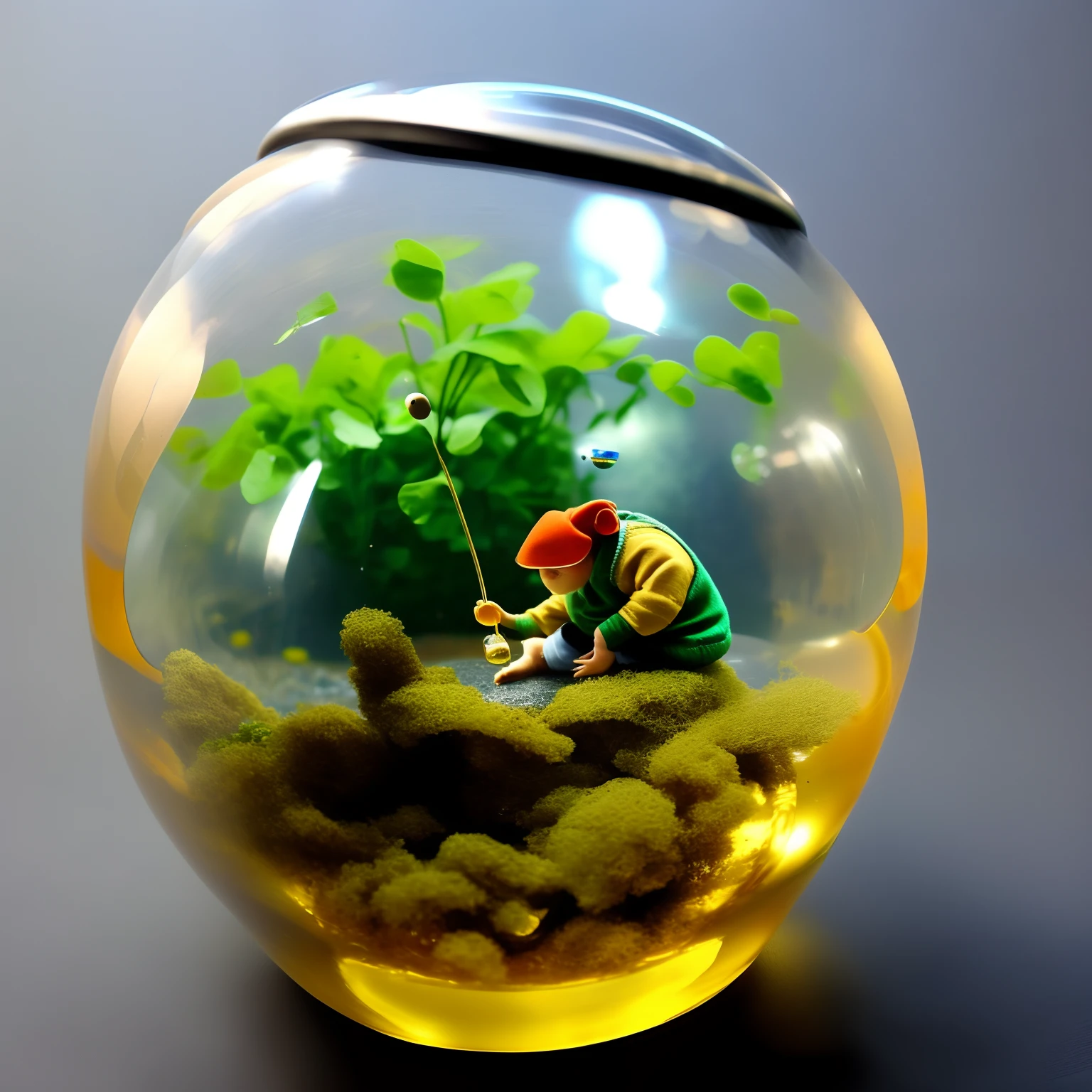 a small leprechaun in a fish bowl