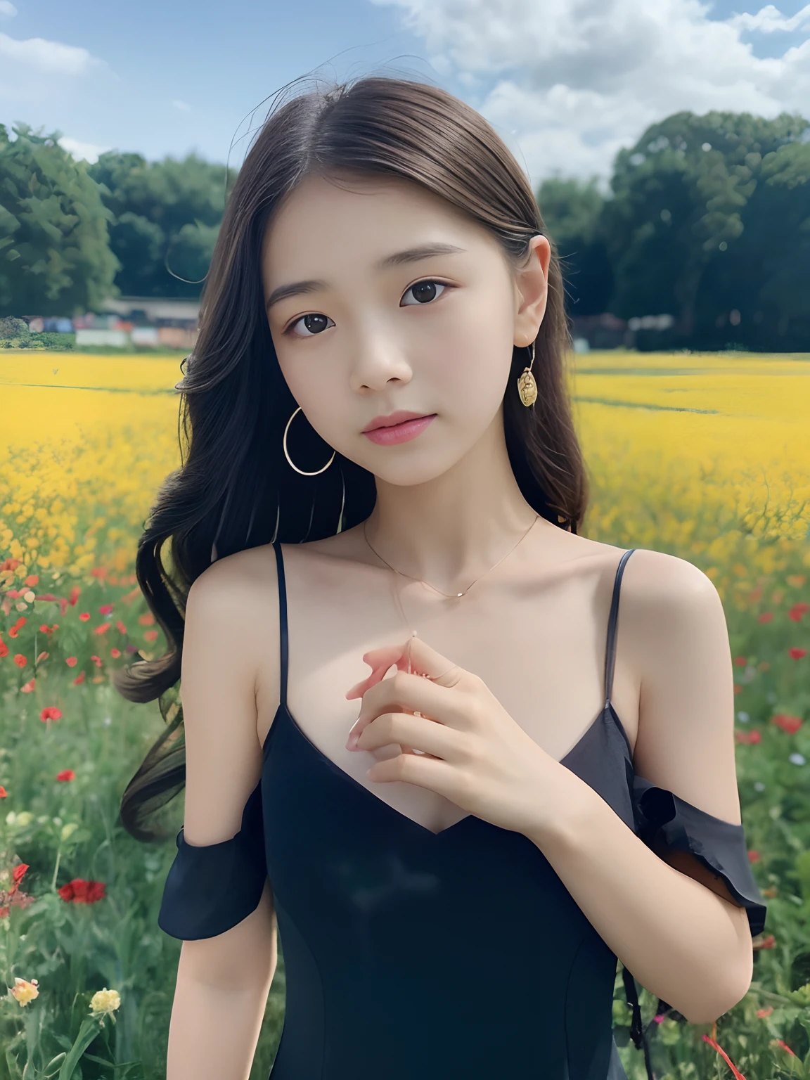 8K、10 year old beautiful girl, length hair、detailed beautiful faces、see-through camisole dresses, flower  field、Very strong wind