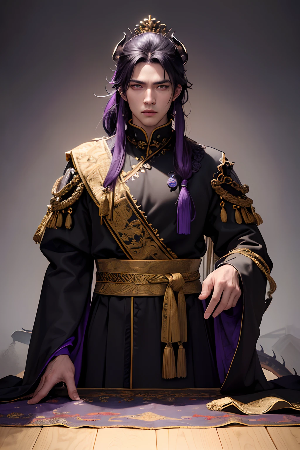 lots of details, real-world scenarios, high-definition photography, perfect hands, perfect eyes, fierce expression 4k, masterpiece, ((1 man 30 year old)), handsome, demon, king, emperor, warrior, fierce, wearing a chinese crown, long black hair, messy ponytail, mountain, large moon, (((wearing a royal black long robe with bright purple dragon embroidery))), black turtleneck shirt, black pants, (((male)))