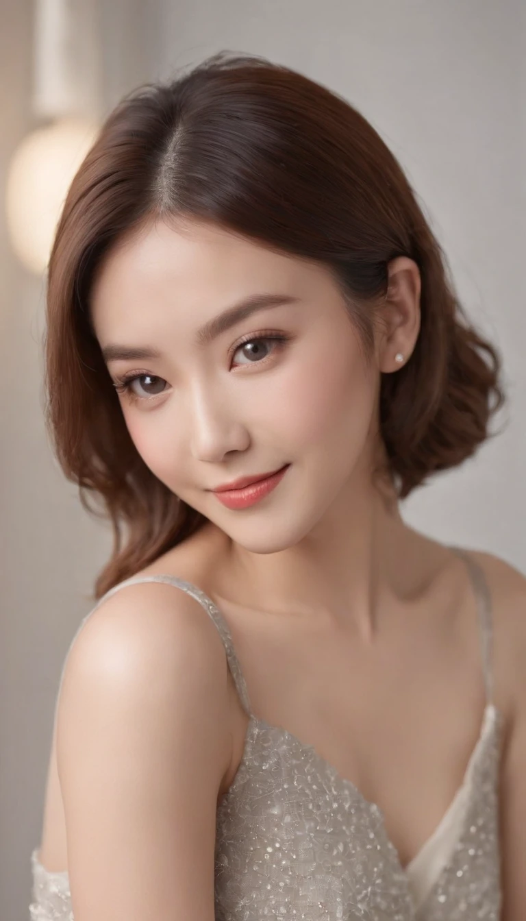 japanes, Beautiful woman like an actress、slim proportions、Soft light, Clear face, cheerfulness, Cheerful big, Smiling, Warm light, ((Off-white gradient background)), (Background)). ((Gray wall background)) , (Bob Cut Hair), Smile,  ,Skirt that wraps hips、Ekbo